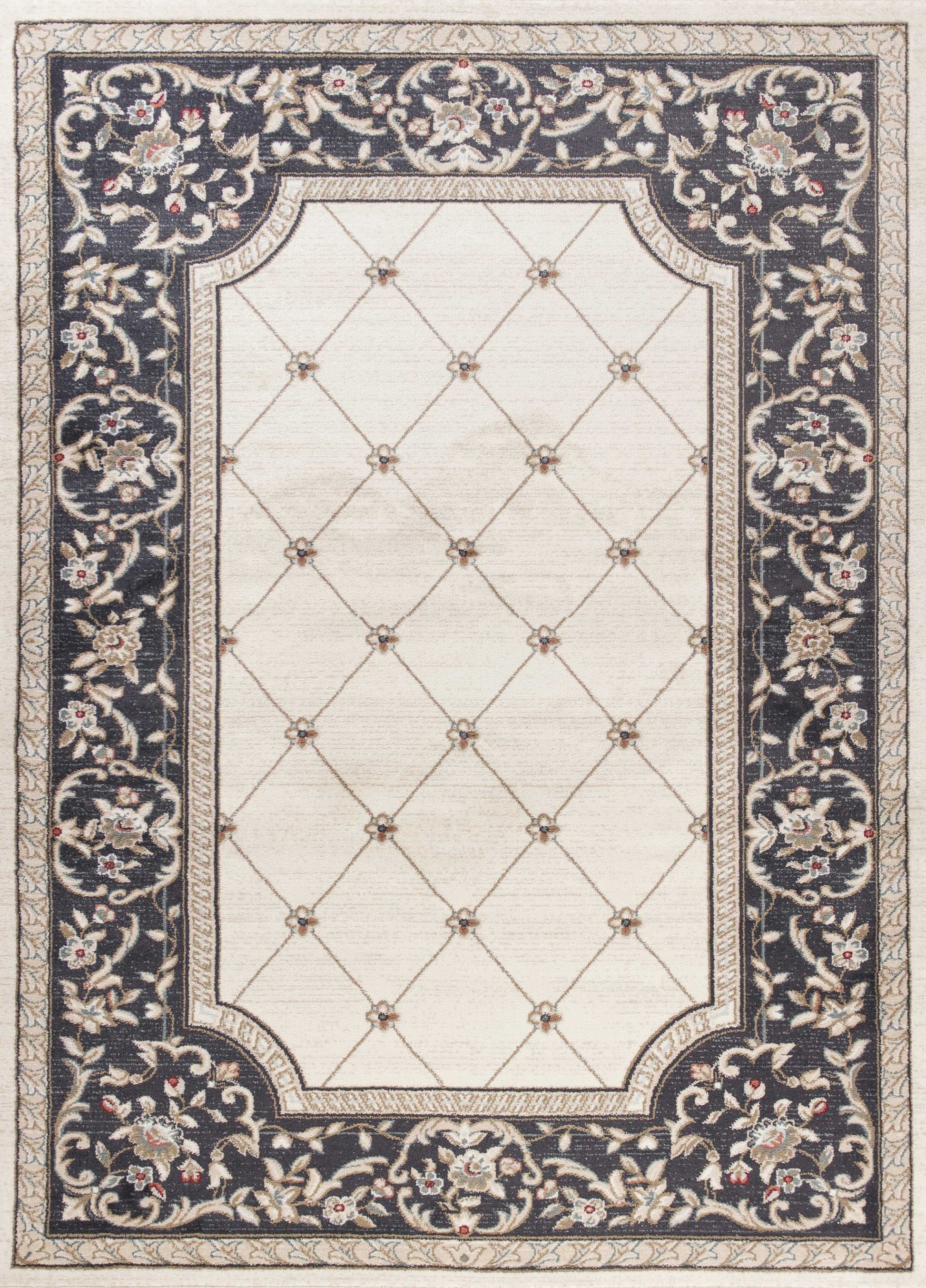 8' Ivory And Gray Floral Round Rug-Area Rugs-DECOROLALA