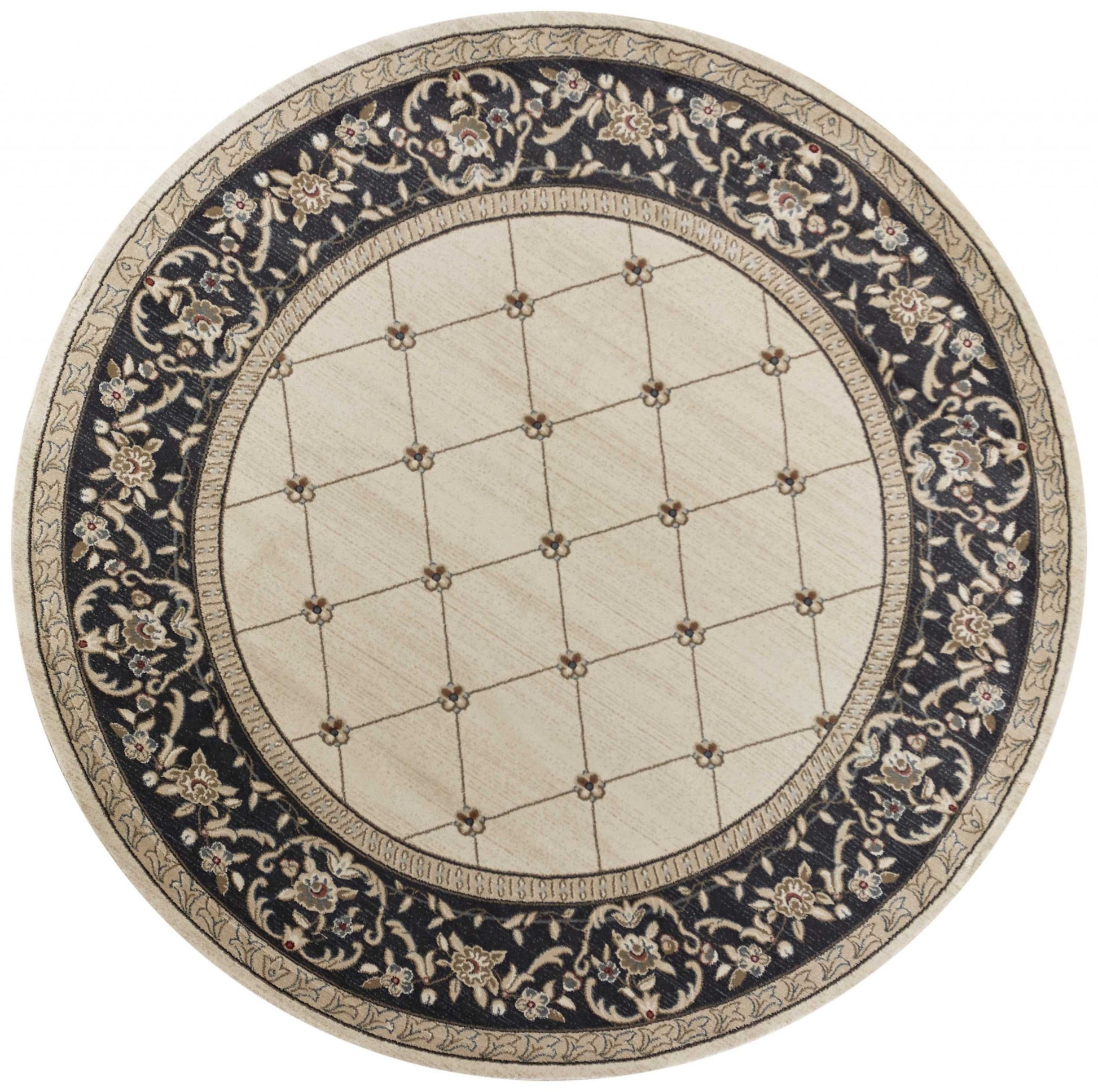 8' Ivory And Gray Floral Round Rug-Area Rugs-DECOROLALA