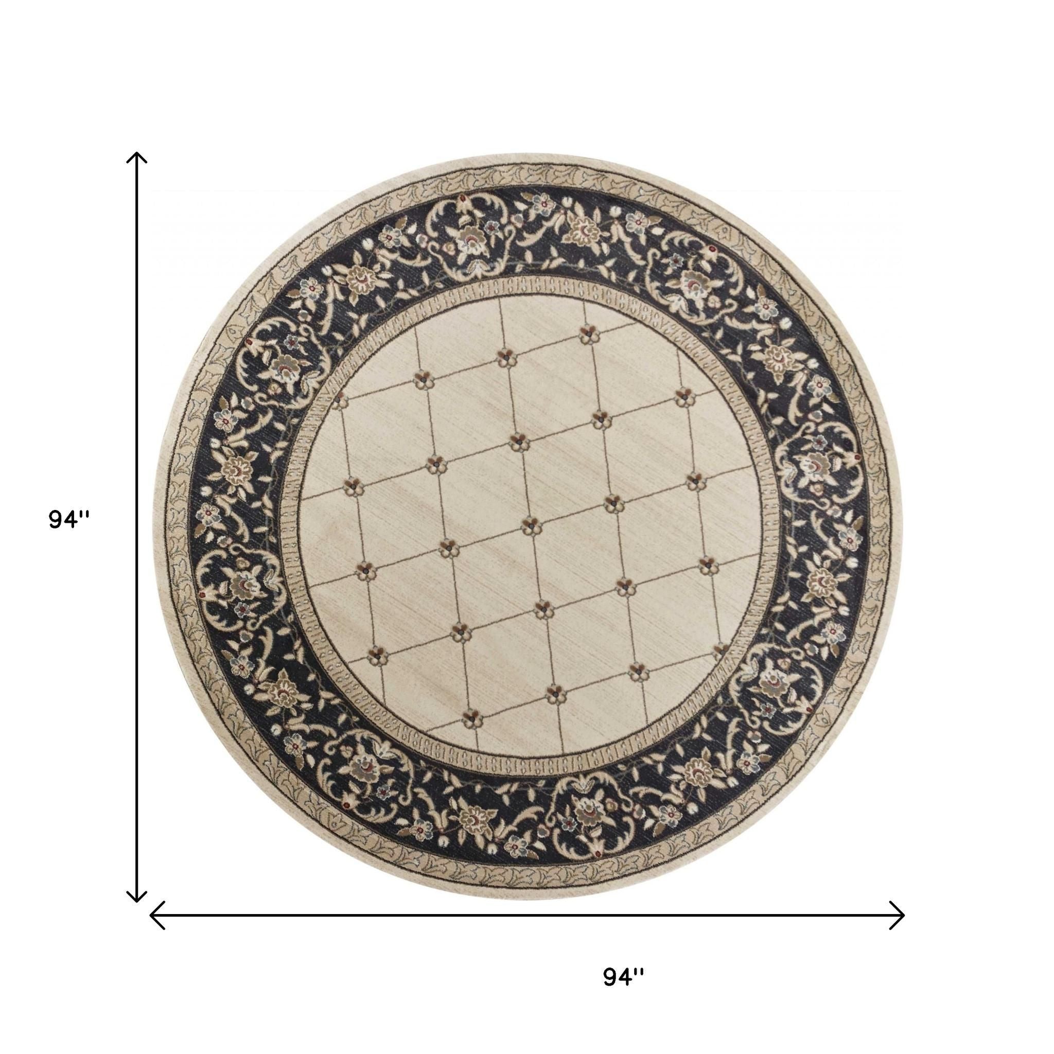 8' Ivory And Gray Floral Round Rug-Area Rugs-DECOROLALA