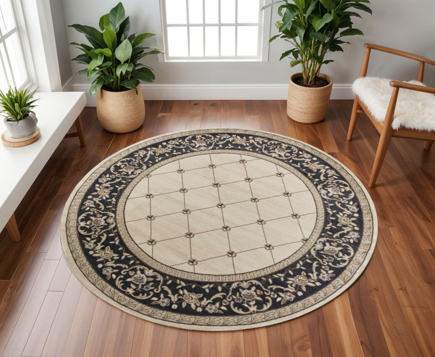 8' Ivory And Gray Floral Round Rug-Area Rugs-DECOROLALA