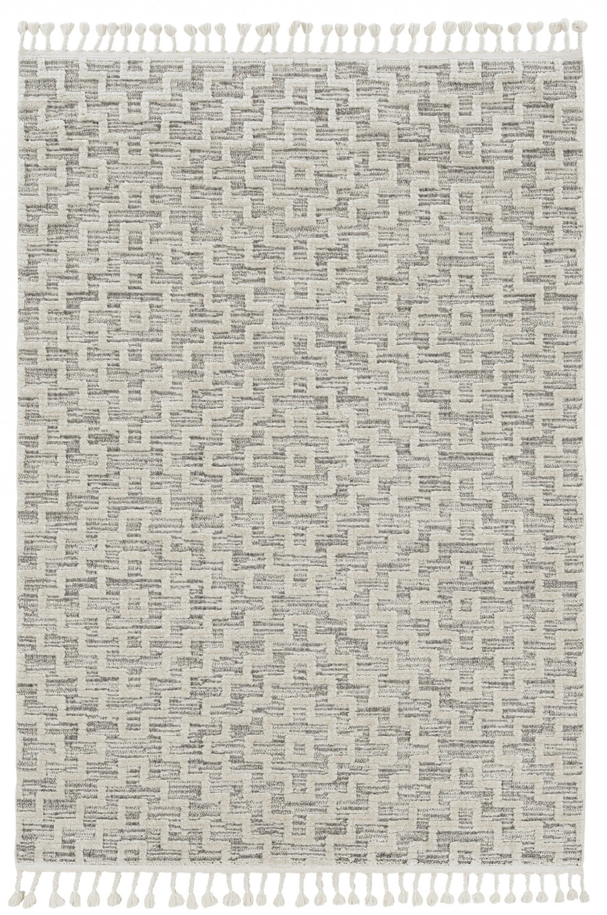 8' Ivory And Gray Geometric Runner Rug With Fringe-Area Rugs-DECOROLALA