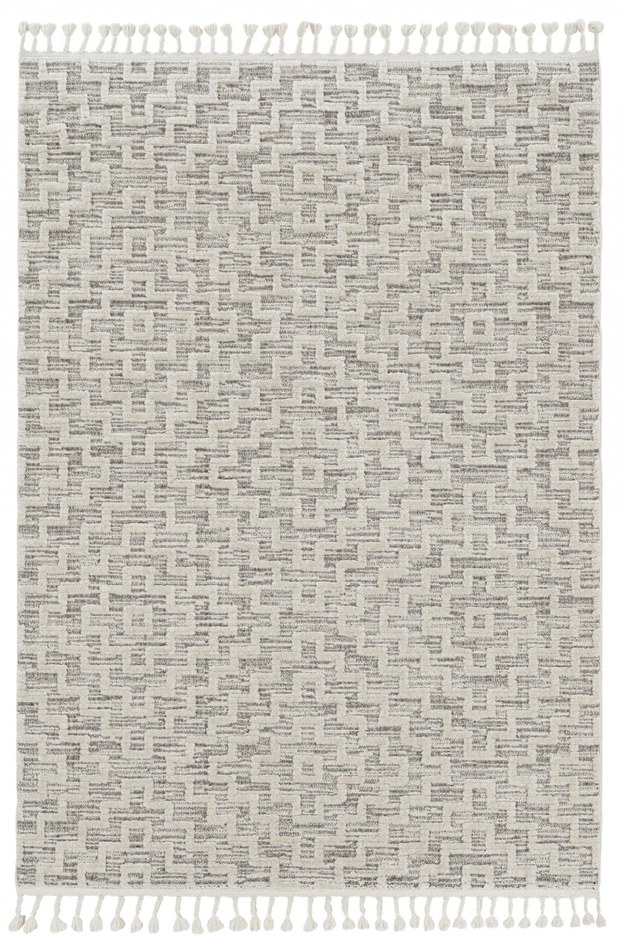 8' Ivory And Gray Geometric Runner Rug With Fringe-Area Rugs-DECOROLALA