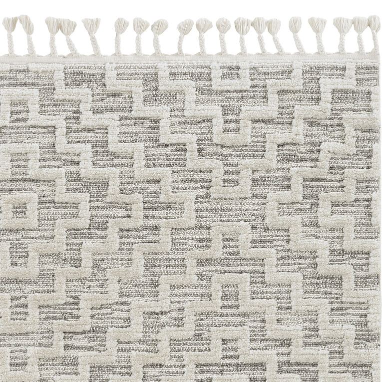 8' Ivory And Gray Geometric Runner Rug With Fringe-Area Rugs-DECOROLALA