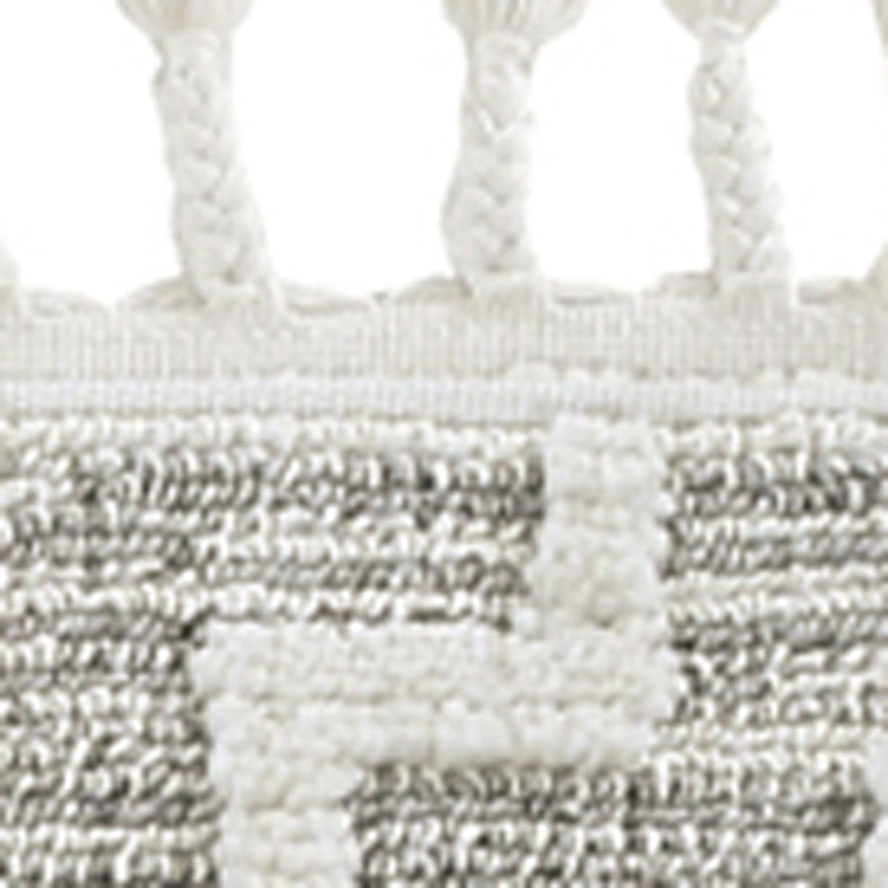 8' Ivory And Gray Geometric Runner Rug With Fringe-Area Rugs-DECOROLALA