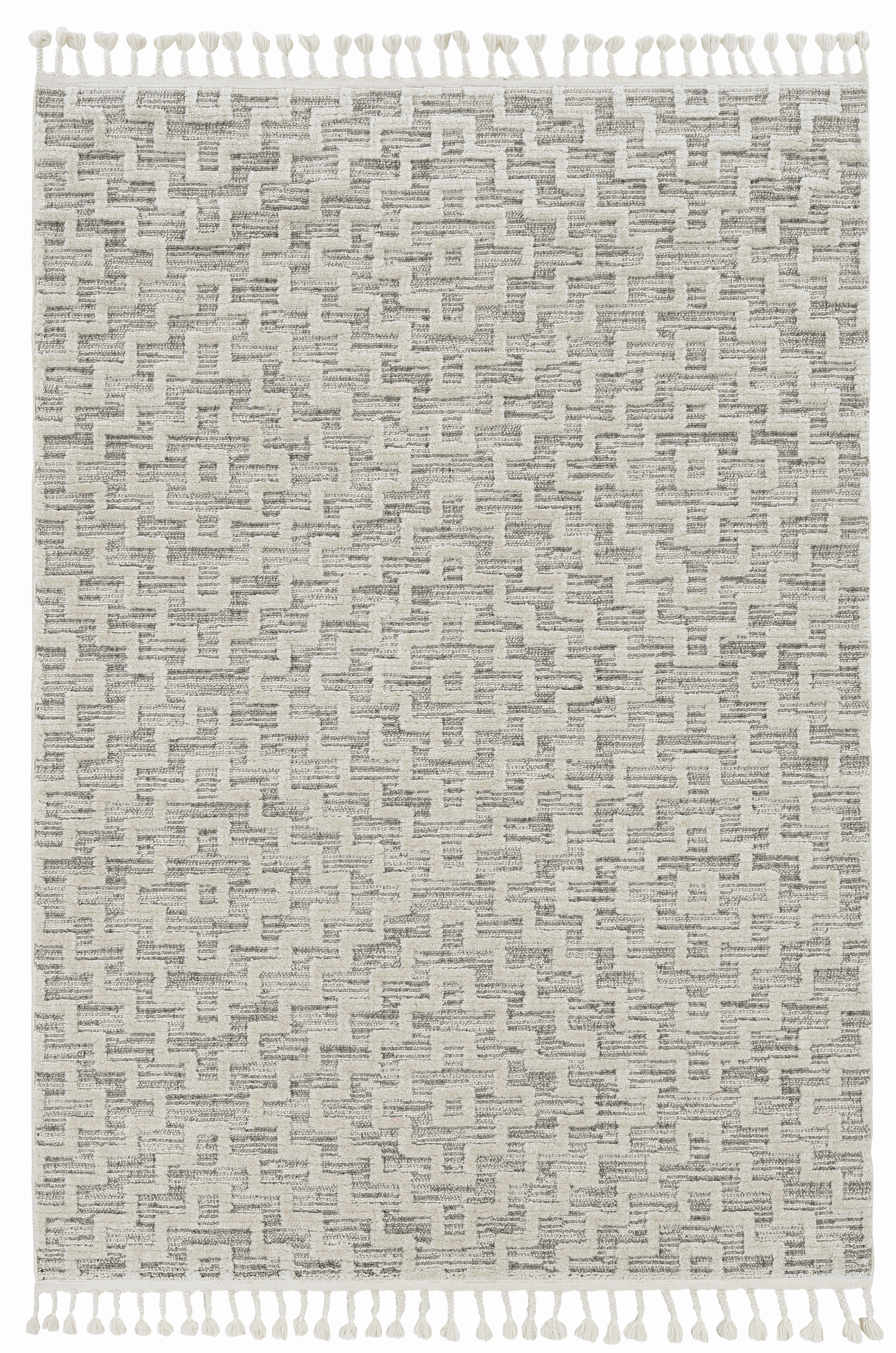 8' Ivory And Gray Geometric Runner Rug With Fringe-Area Rugs-DECOROLALA