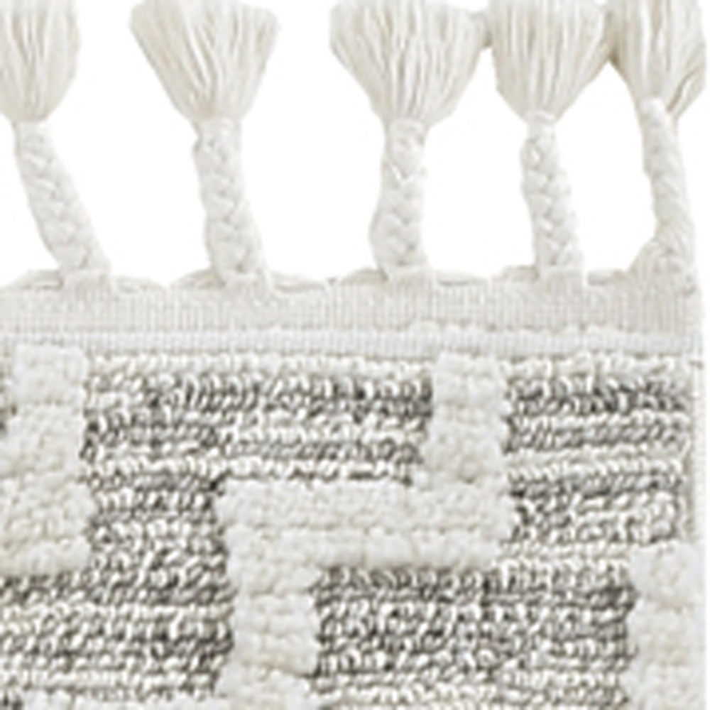 8' Ivory And Gray Geometric Runner Rug With Fringe-Area Rugs-DECOROLALA