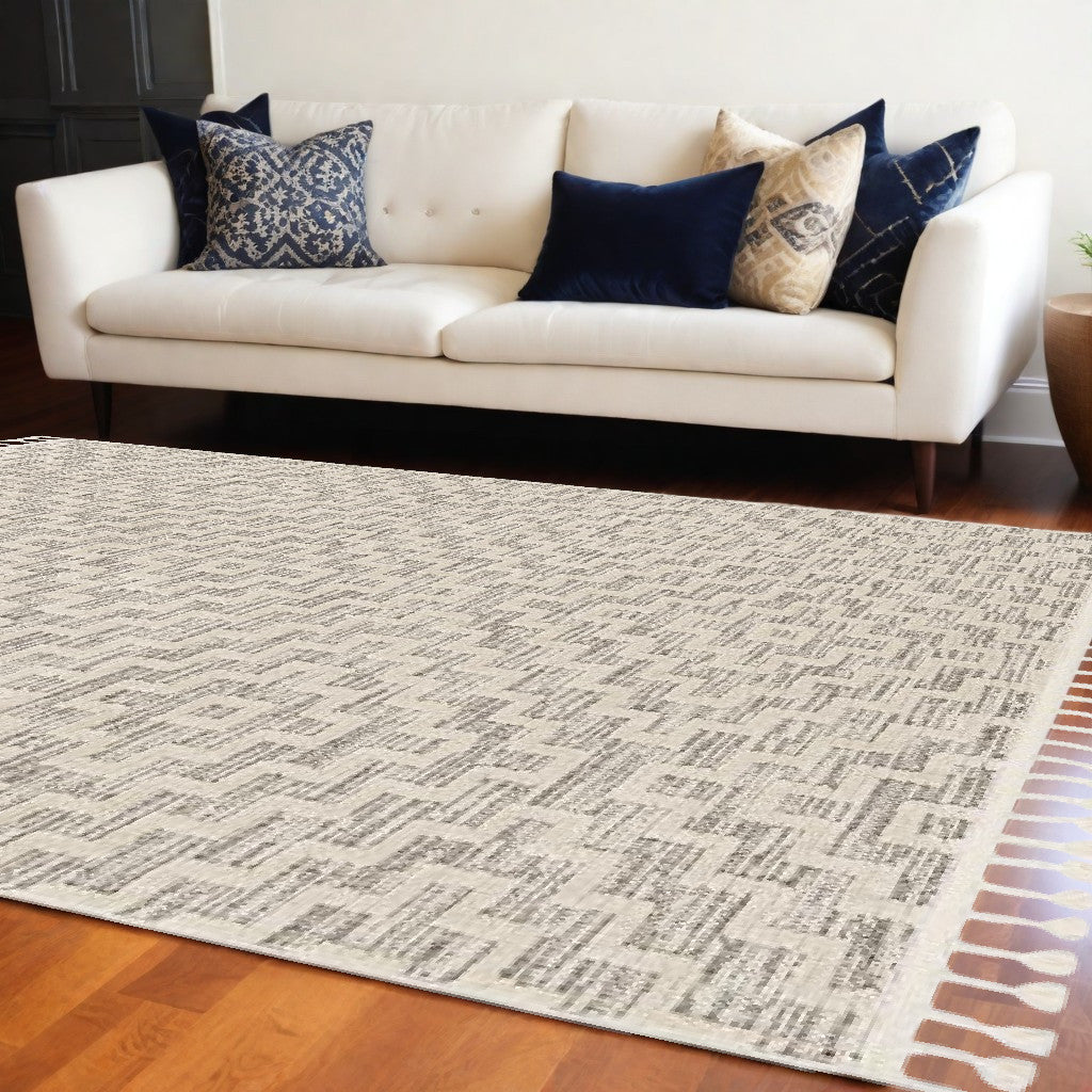 8' Ivory And Gray Geometric Runner Rug With Fringe-Area Rugs-DECOROLALA