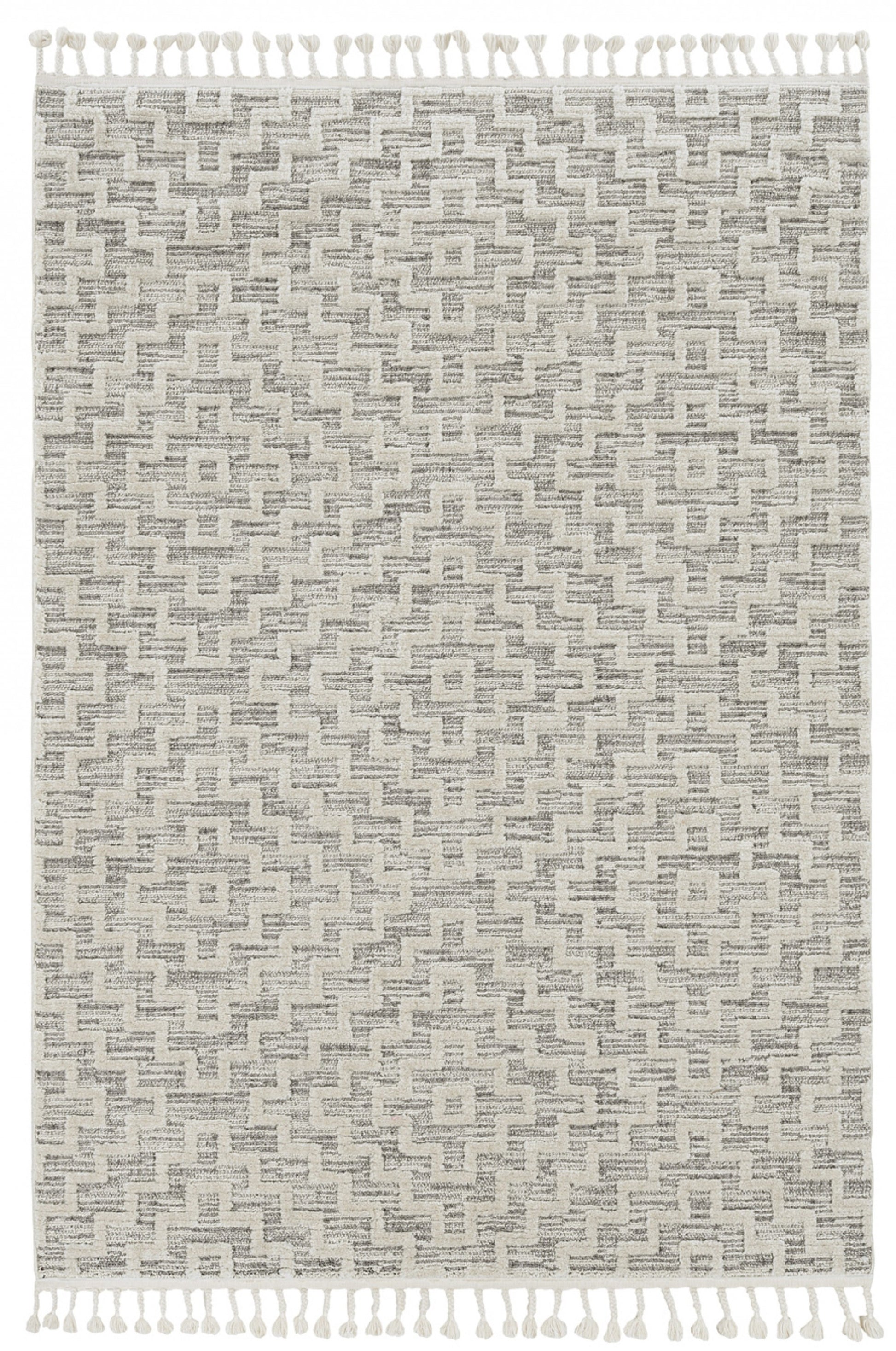 8' Ivory And Gray Geometric Runner Rug With Fringe-Area Rugs-DECOROLALA