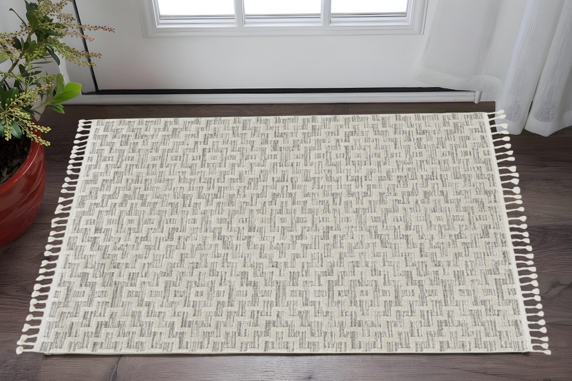 8' Ivory And Gray Geometric Runner Rug With Fringe-Area Rugs-DECOROLALA