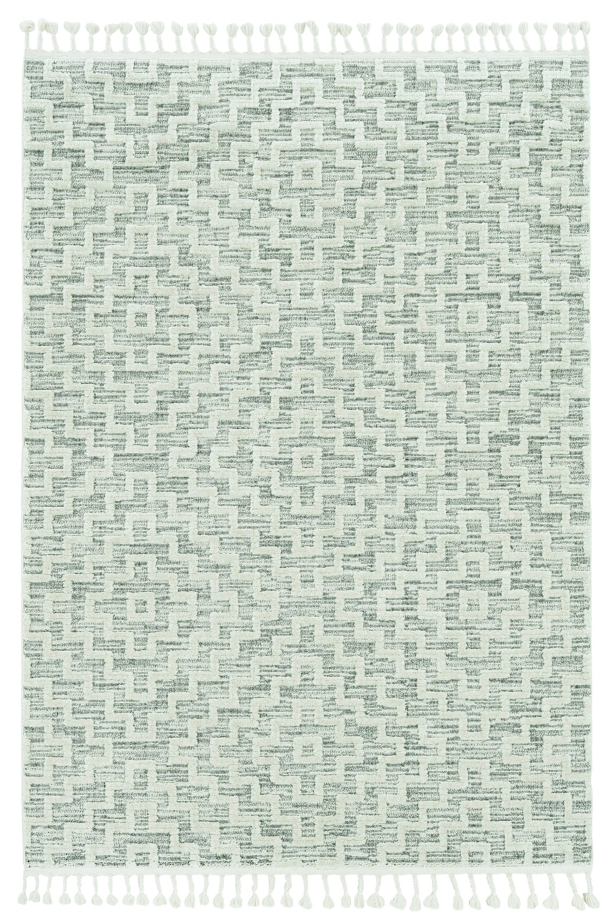 8' Ivory And Gray Geometric Runner Rug With Fringe-Area Rugs-DECOROLALA