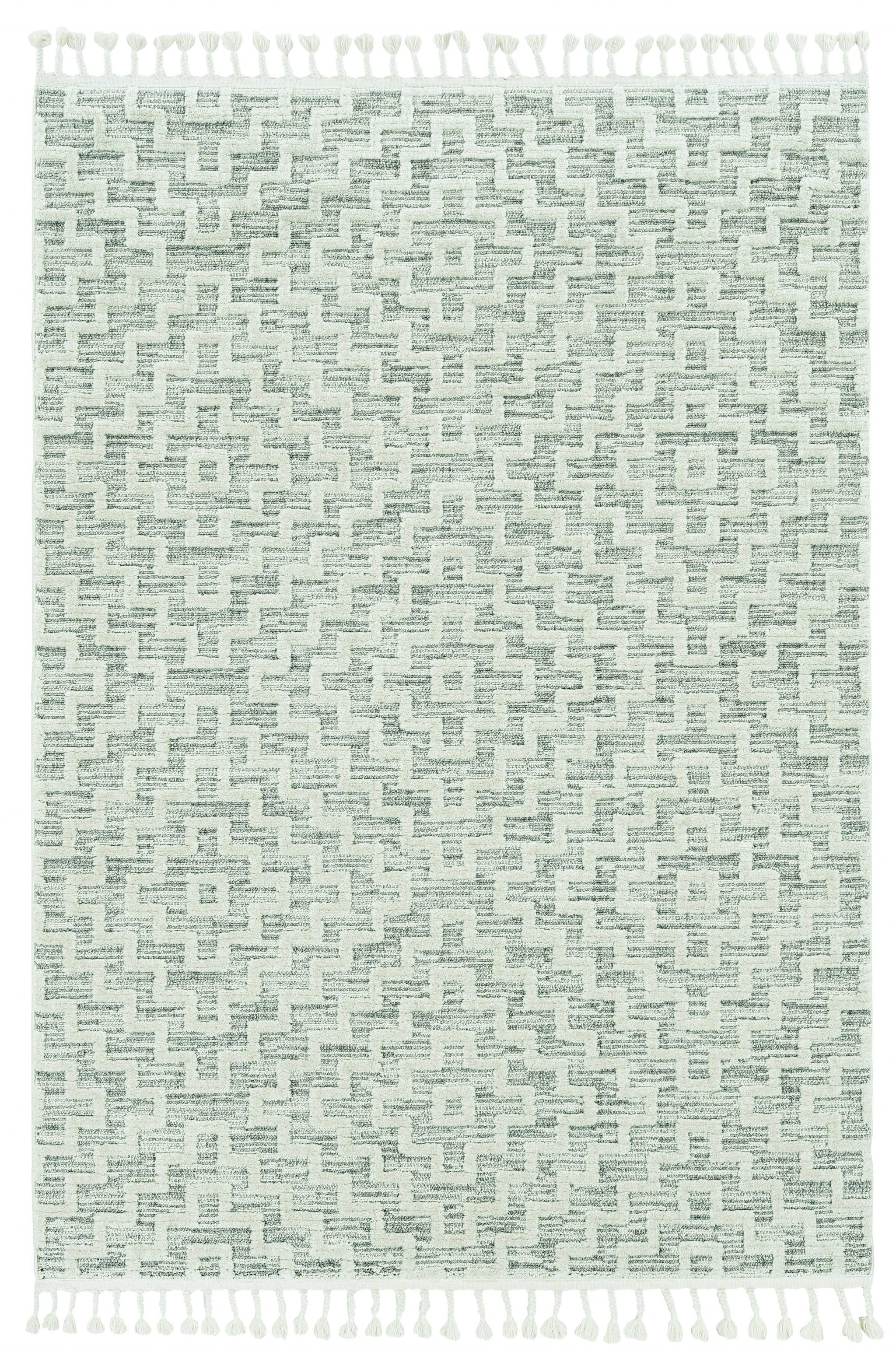 8' Ivory And Gray Geometric Runner Rug With Fringe-Area Rugs-DECOROLALA
