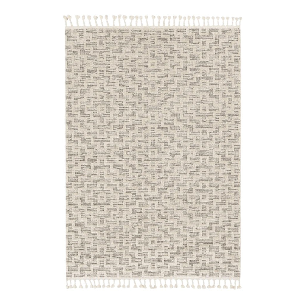 8' Ivory And Gray Geometric Runner Rug With Fringe-Area Rugs-DECOROLALA