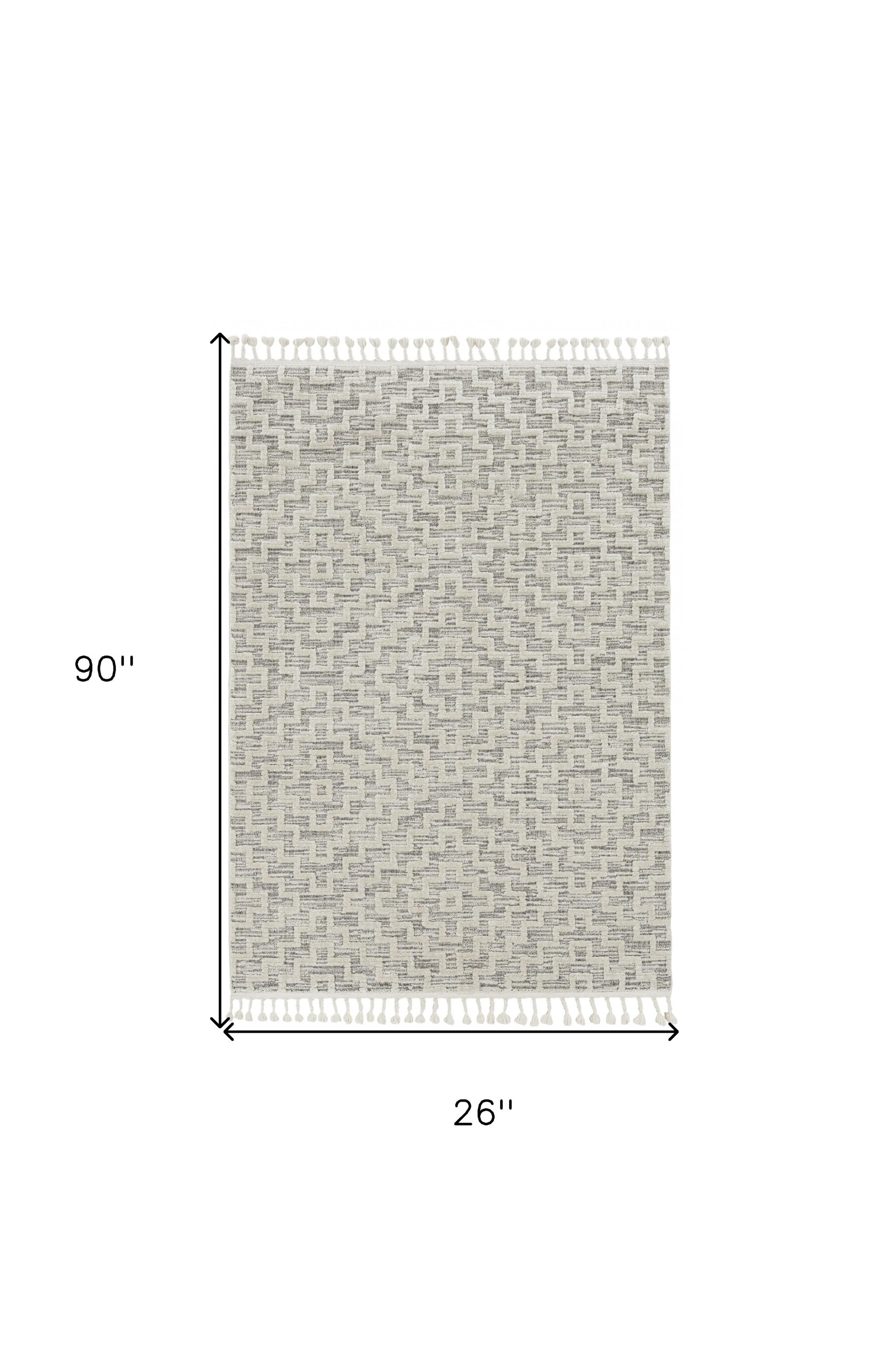 8' Ivory And Gray Geometric Runner Rug With Fringe-Area Rugs-DECOROLALA