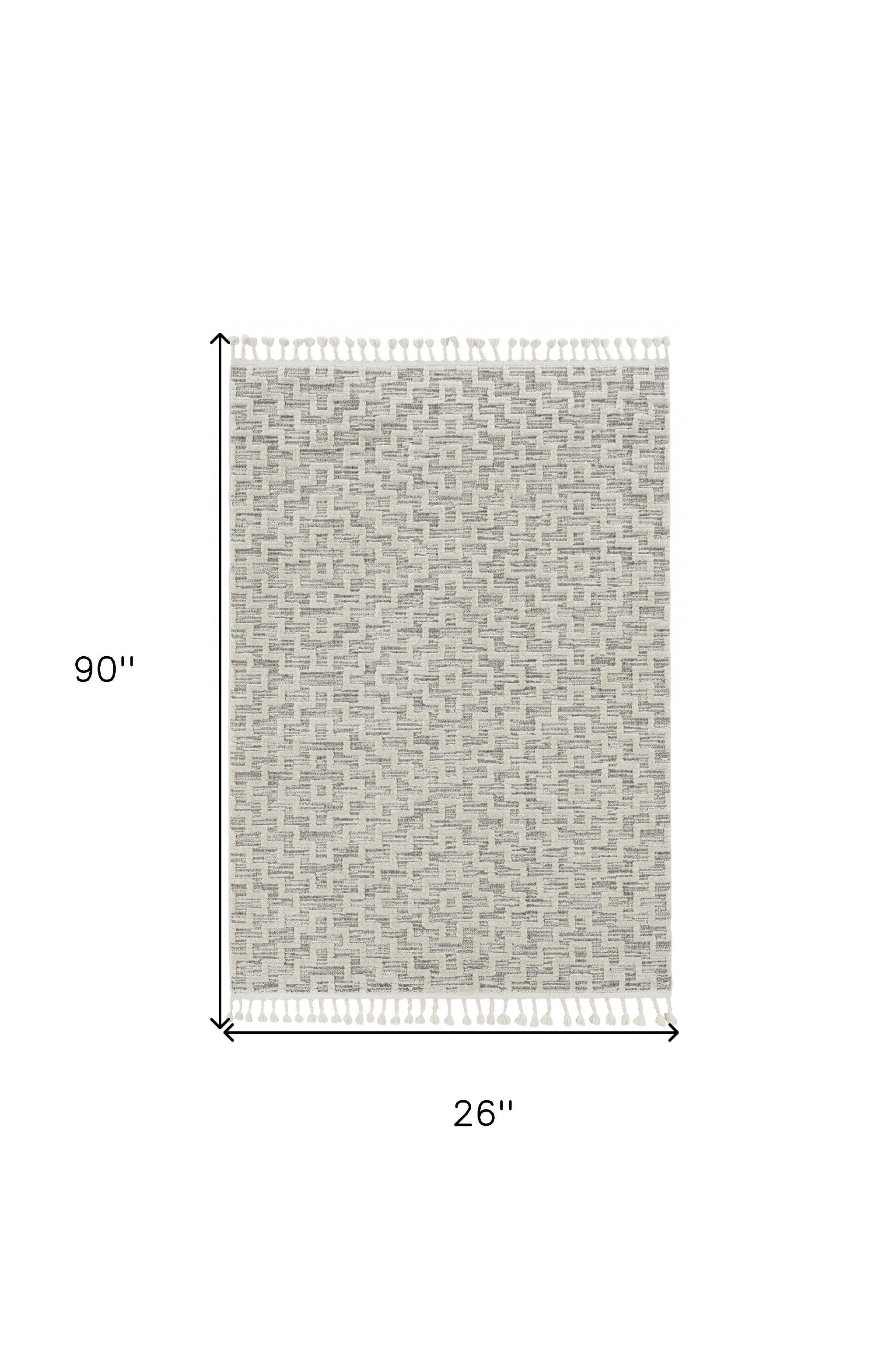8' Ivory And Gray Geometric Runner Rug With Fringe-Area Rugs-DECOROLALA