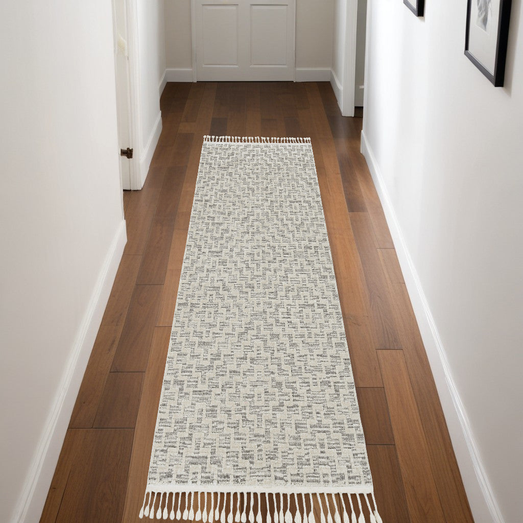 8' Ivory And Gray Geometric Runner Rug With Fringe-Area Rugs-DECOROLALA