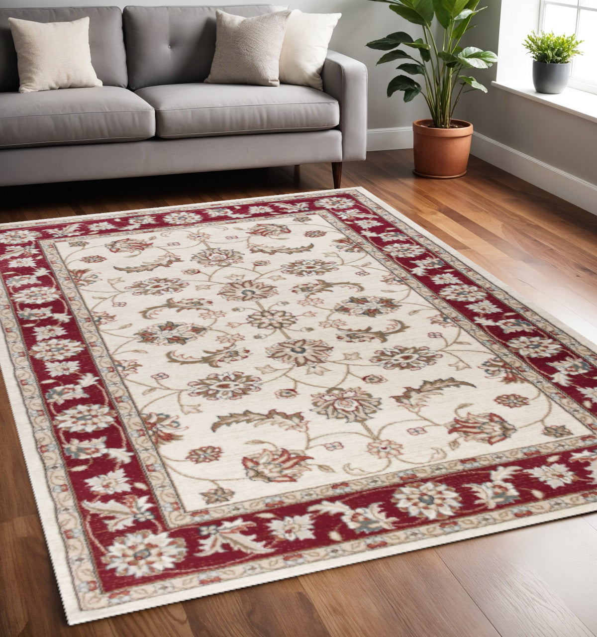 8' Ivory And Red Floral Medallion Round Rug-Area Rugs-DECOROLALA