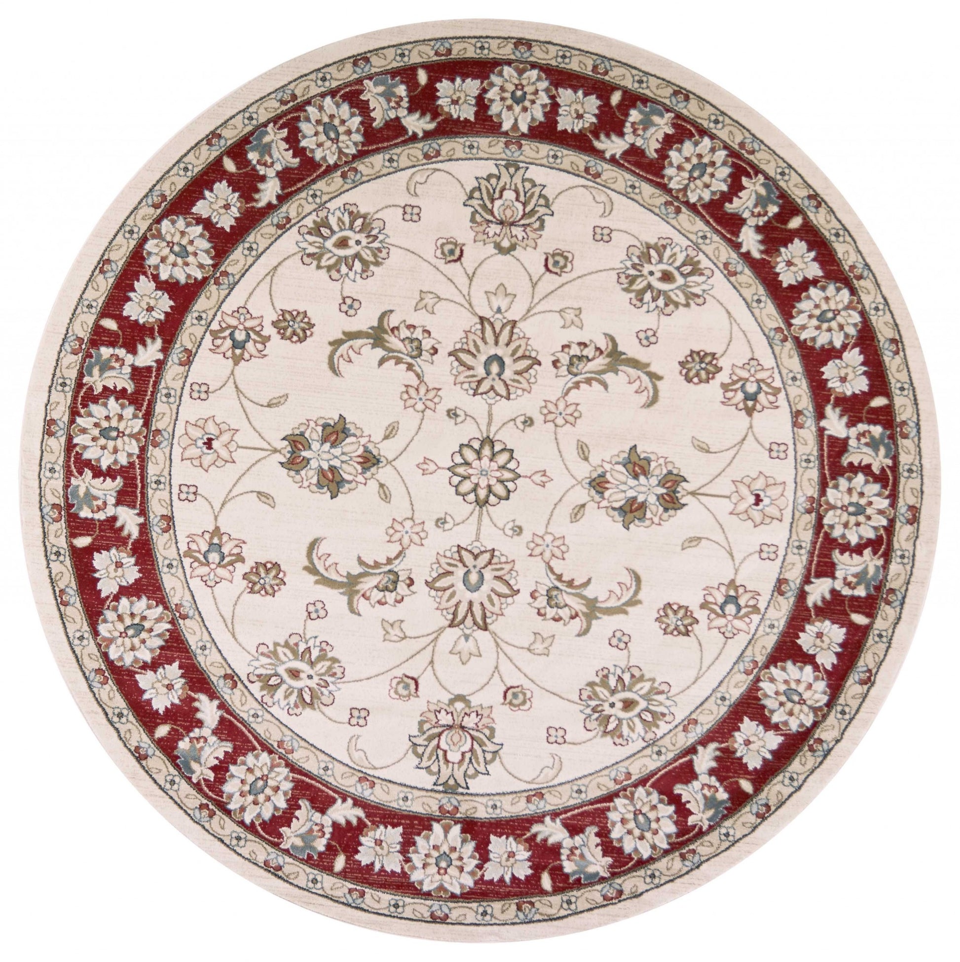 8' Ivory And Red Floral Medallion Round Rug-Area Rugs-DECOROLALA