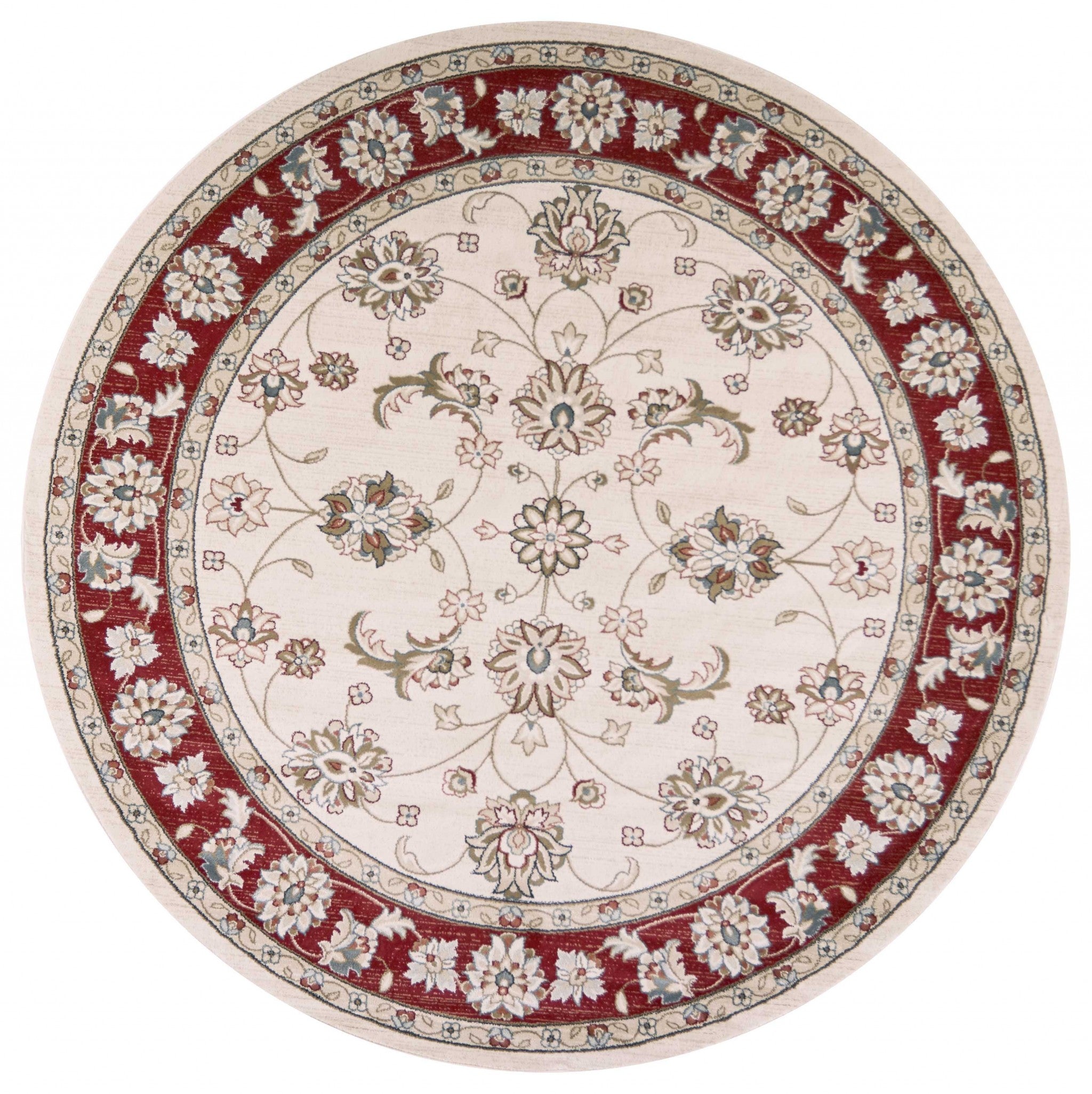 8' Ivory And Red Floral Medallion Round Rug-Area Rugs-DECOROLALA