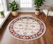 8' Ivory And Red Floral Medallion Round Rug-Area Rugs-DECOROLALA