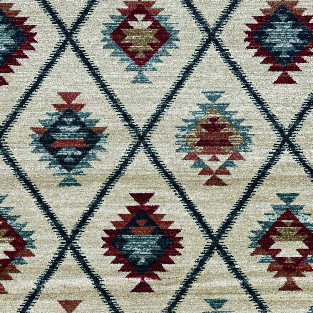 8' Ivory Blue And Red Geometric Round Rug-Area Rugs-DECOROLALA