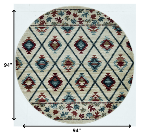 8' Ivory Blue And Red Geometric Round Rug-Area Rugs-DECOROLALA