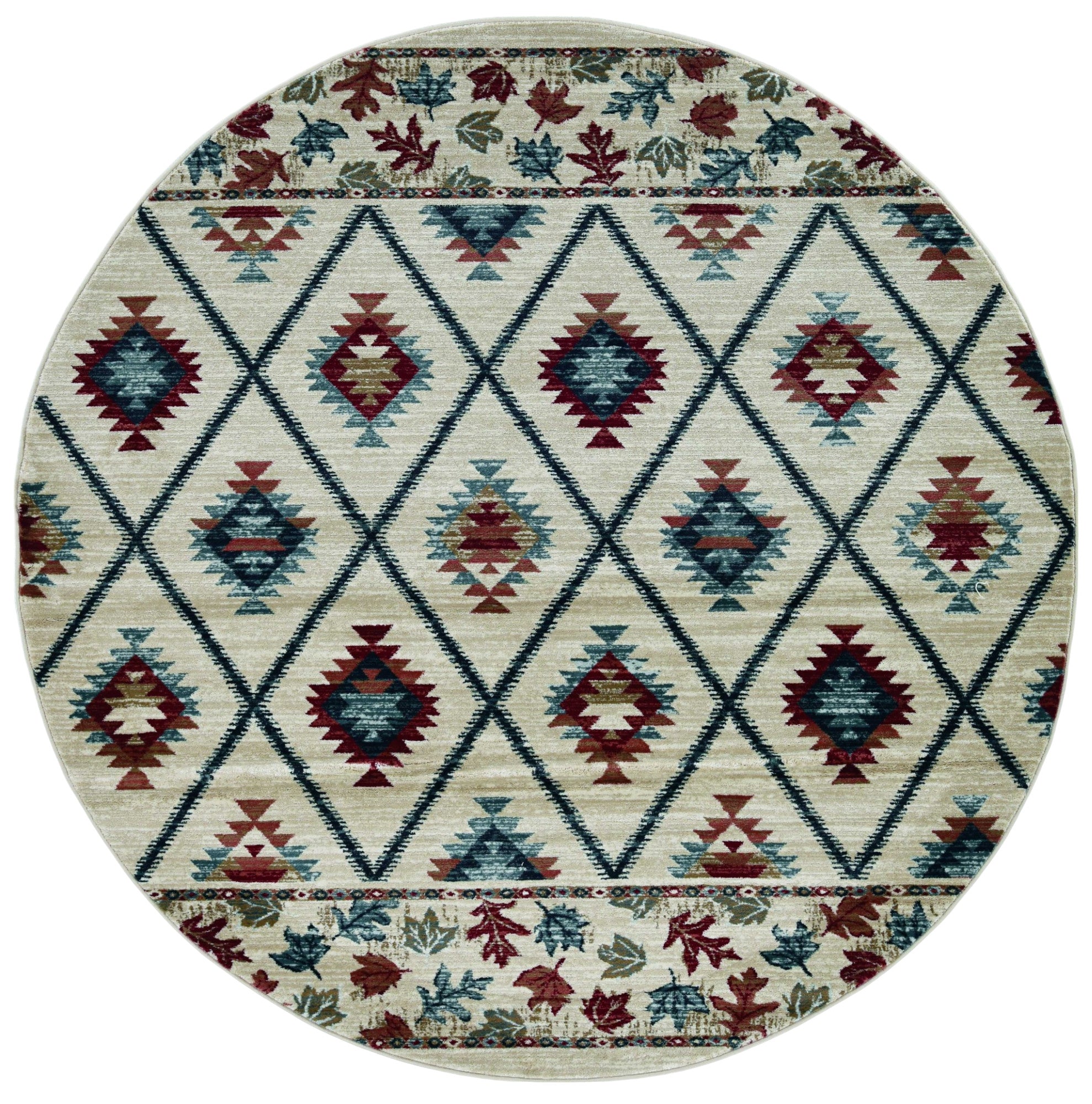8' Ivory Blue And Red Geometric Round Rug-Area Rugs-DECOROLALA