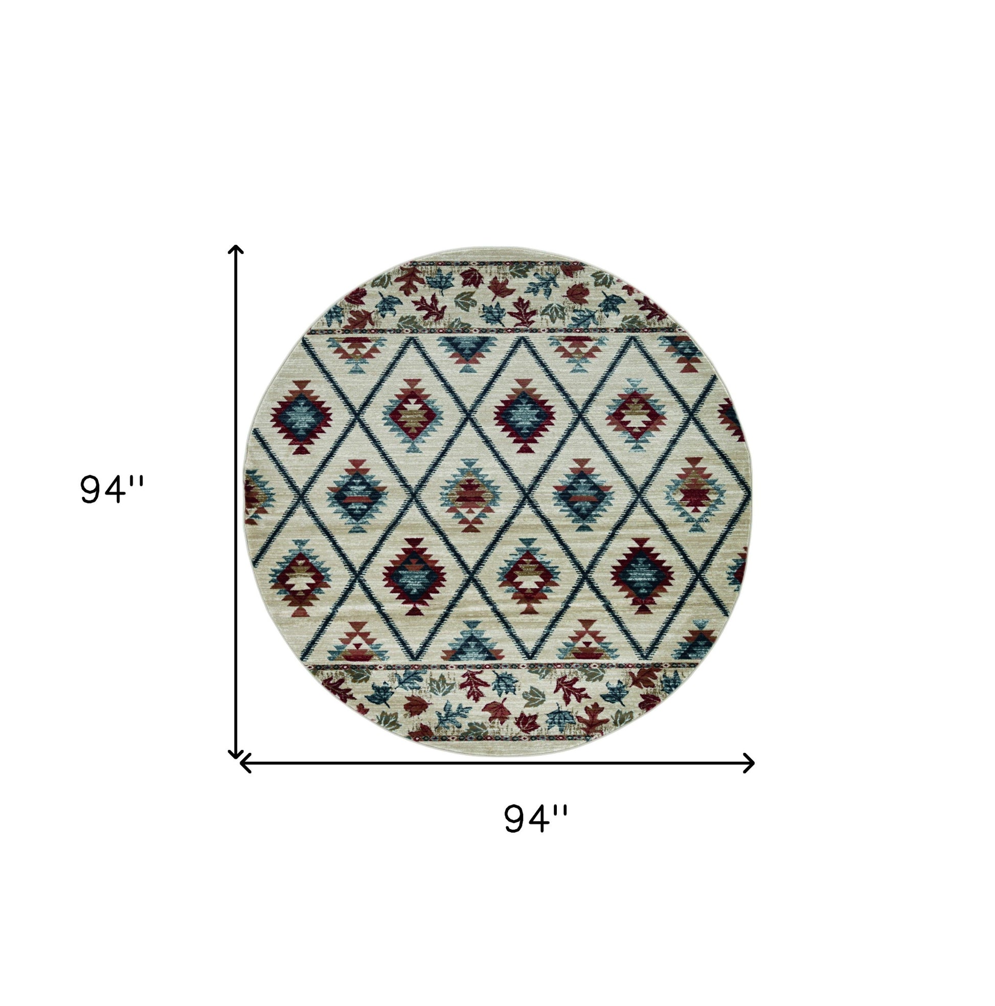 8' Ivory Blue And Red Geometric Round Rug-Area Rugs-DECOROLALA