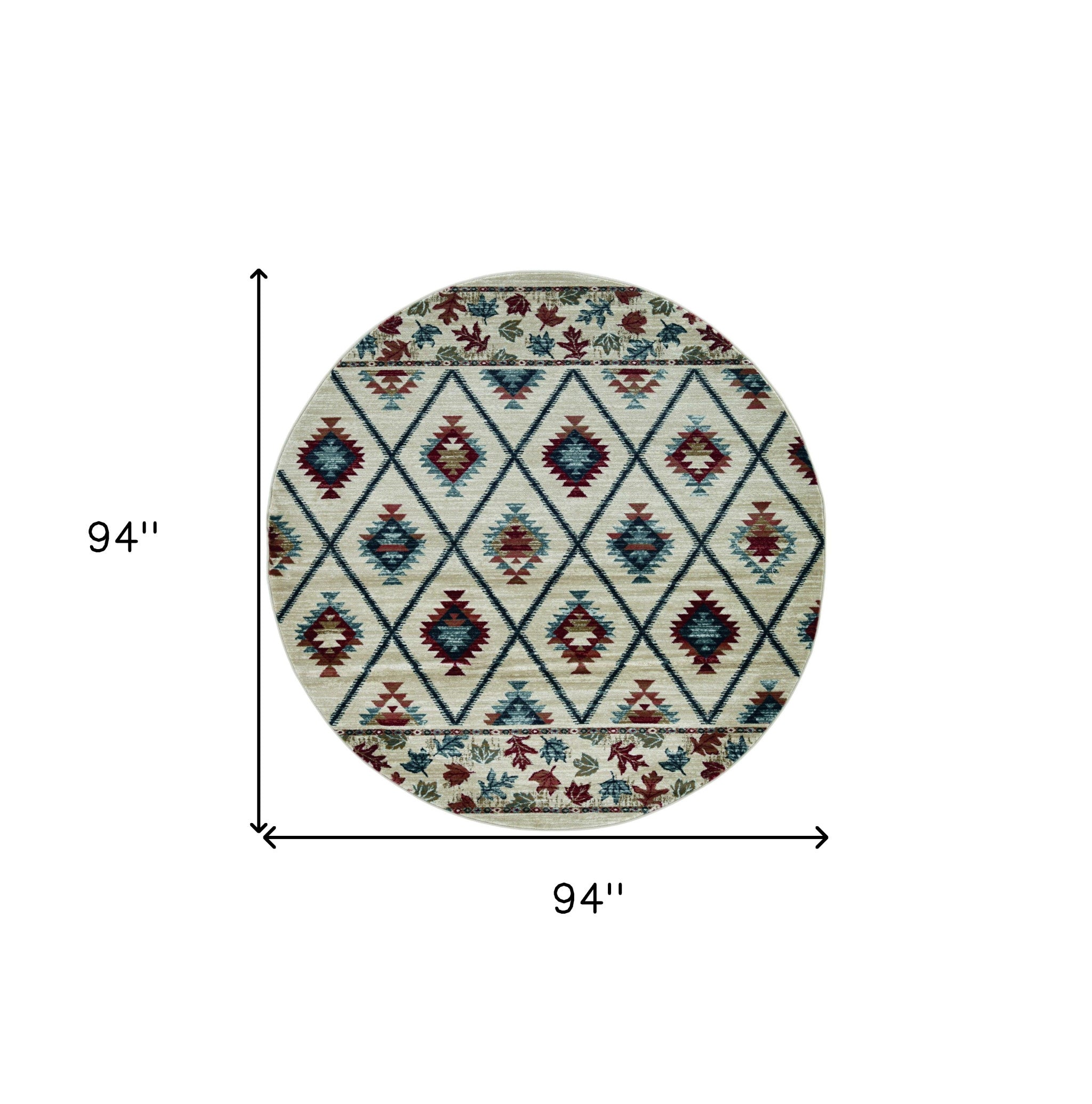 8' Ivory Blue And Red Geometric Round Rug-Area Rugs-DECOROLALA