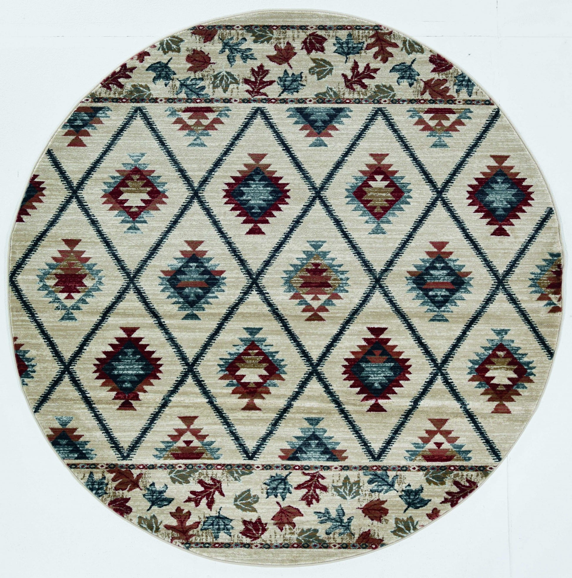 8' Ivory Blue And Red Geometric Round Rug-Area Rugs-DECOROLALA