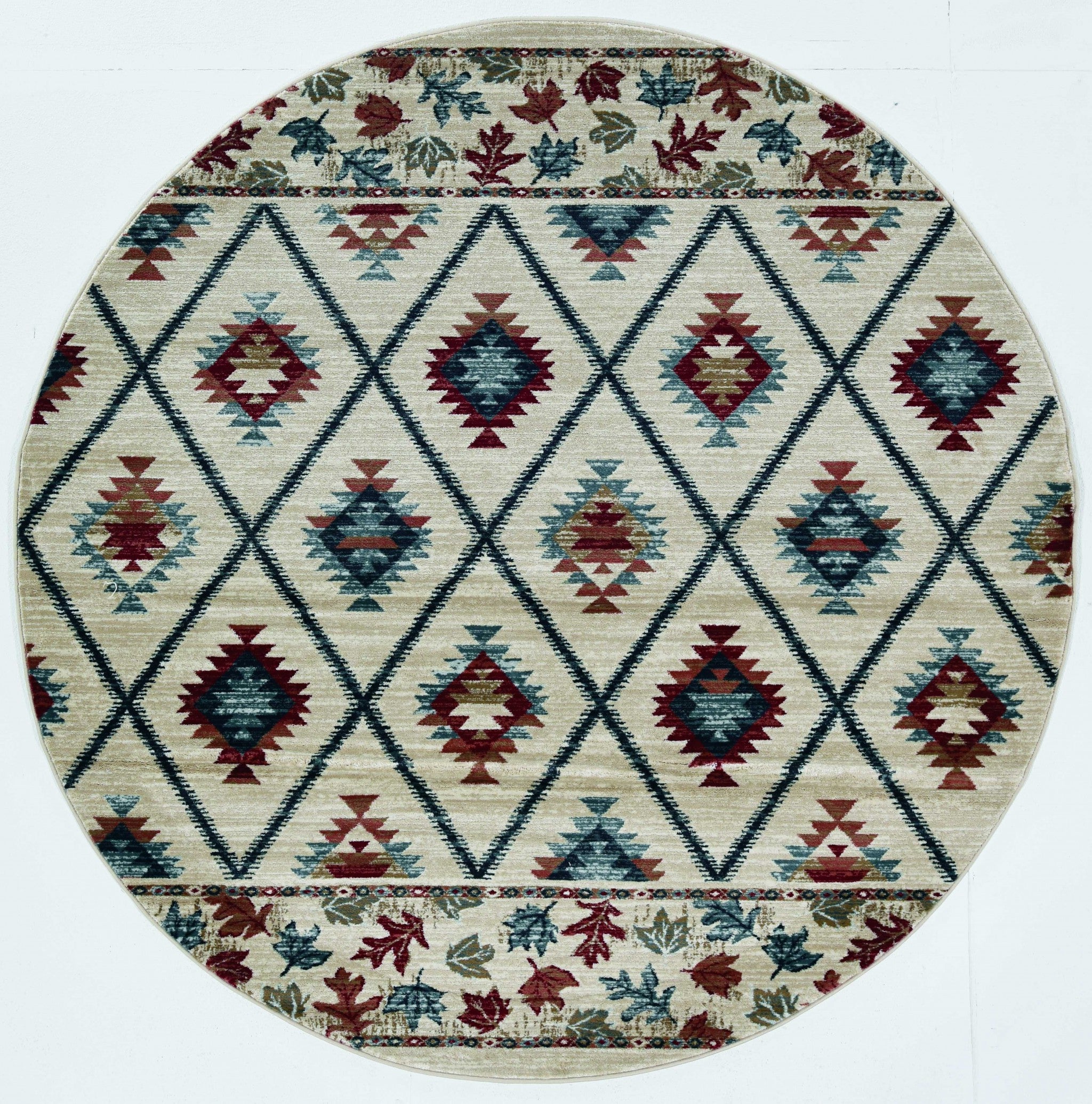 8' Ivory Blue And Red Geometric Round Rug-Area Rugs-DECOROLALA
