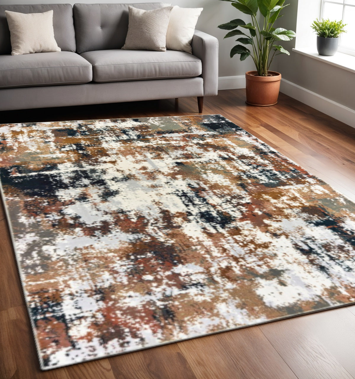8' Ivory Gray Abstract Sectors Indoor Runner Rug-Area Rugs-DECOROLALA