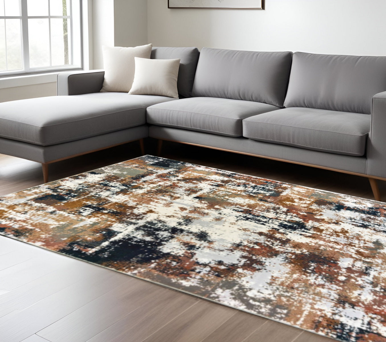 8' Ivory Gray Abstract Sectors Indoor Runner Rug-Area Rugs-DECOROLALA
