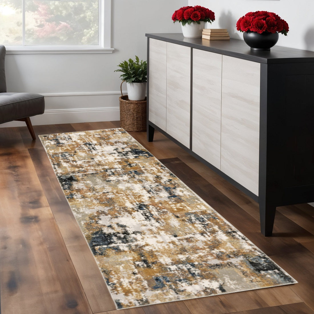 8' Ivory Gray Abstract Sectors Indoor Runner Rug-Area Rugs-DECOROLALA