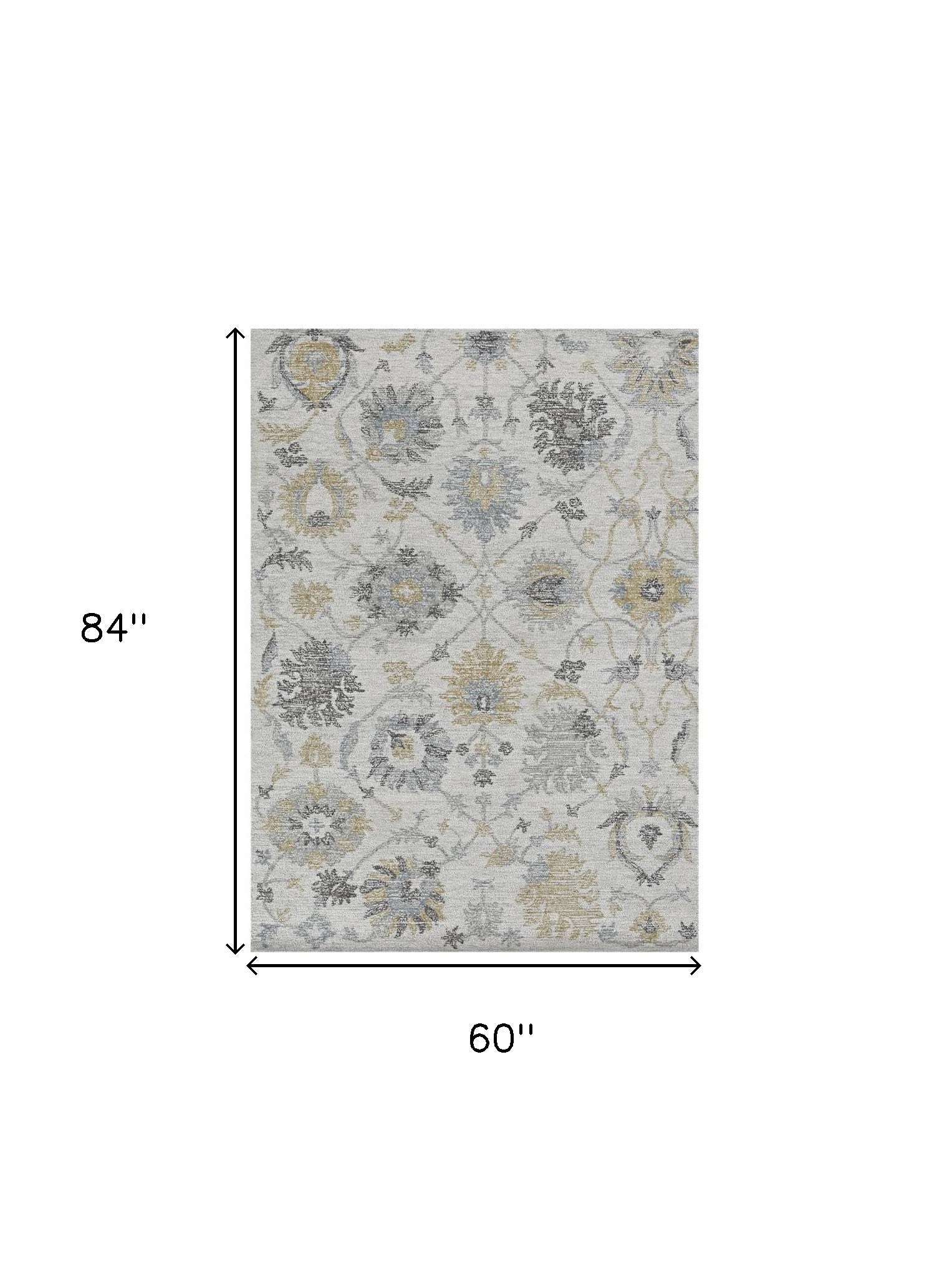 8' Ivory Gray And Green Wool Floral Hand Tufted Runner Rug-Area Rugs-DECOROLALA