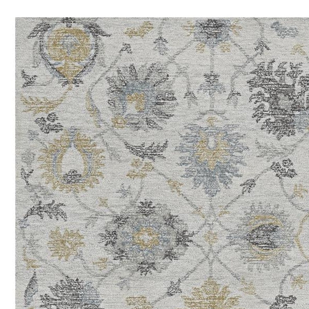 8' Ivory Gray And Green Wool Floral Hand Tufted Runner Rug-Area Rugs-DECOROLALA