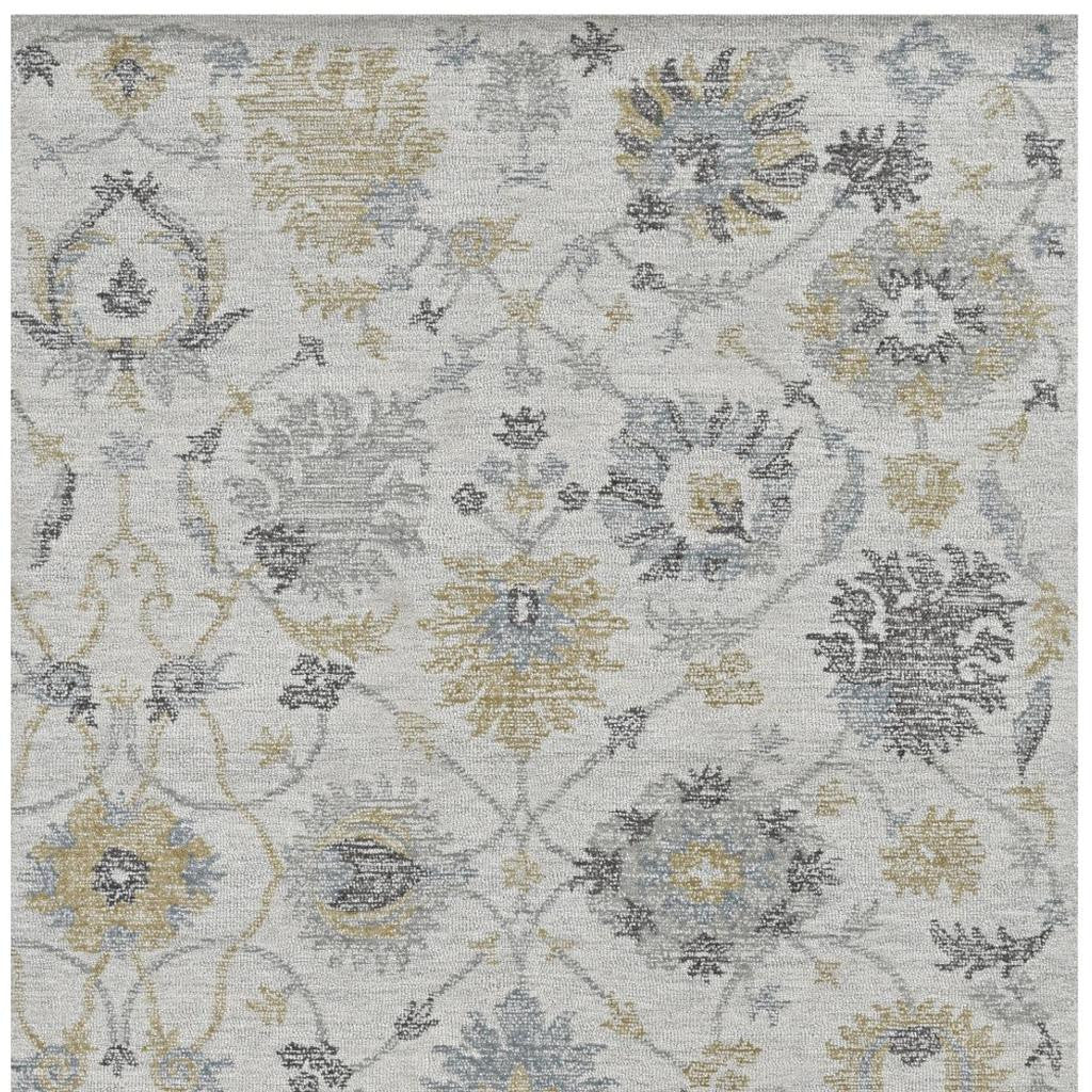 8' Ivory Gray And Green Wool Floral Hand Tufted Runner Rug-Area Rugs-DECOROLALA