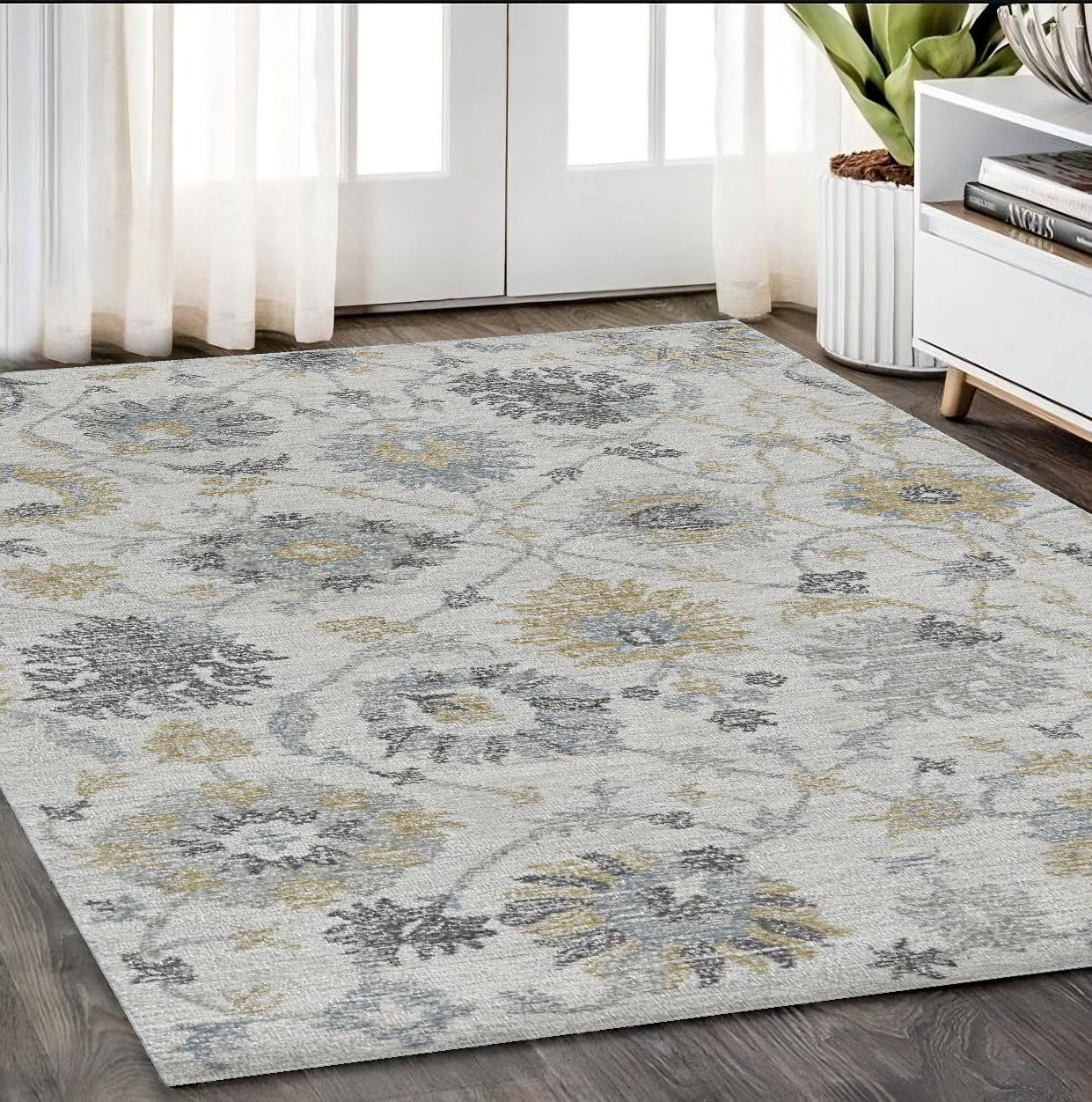 8' Ivory Gray And Green Wool Floral Hand Tufted Runner Rug-Area Rugs-DECOROLALA