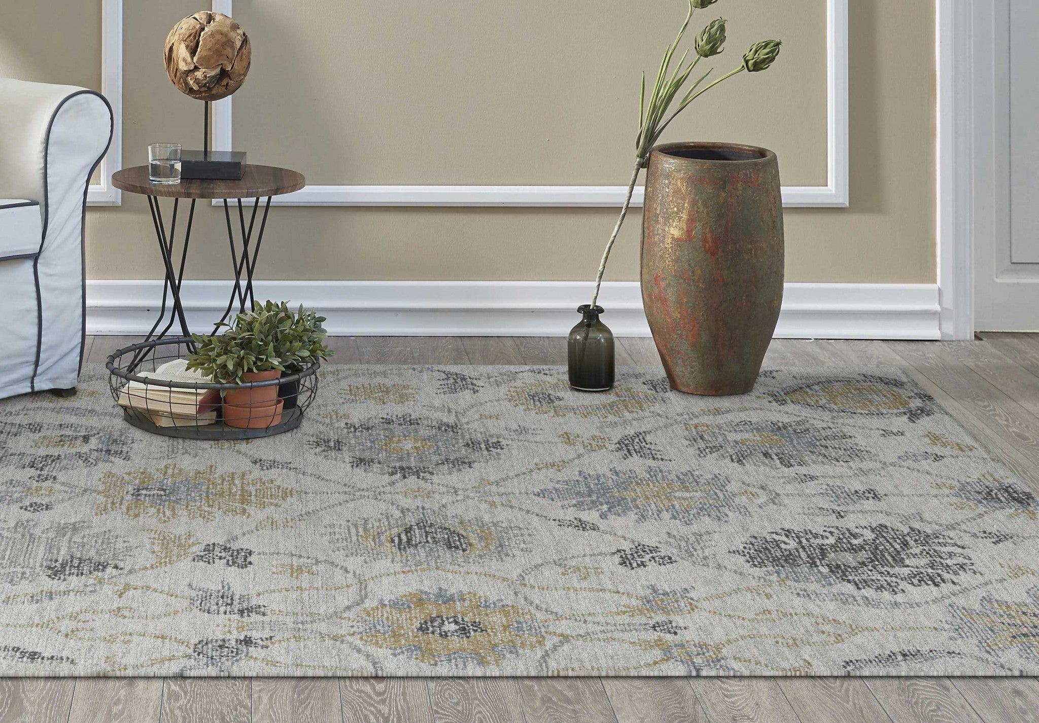8' Ivory Gray And Green Wool Floral Hand Tufted Runner Rug-Area Rugs-DECOROLALA