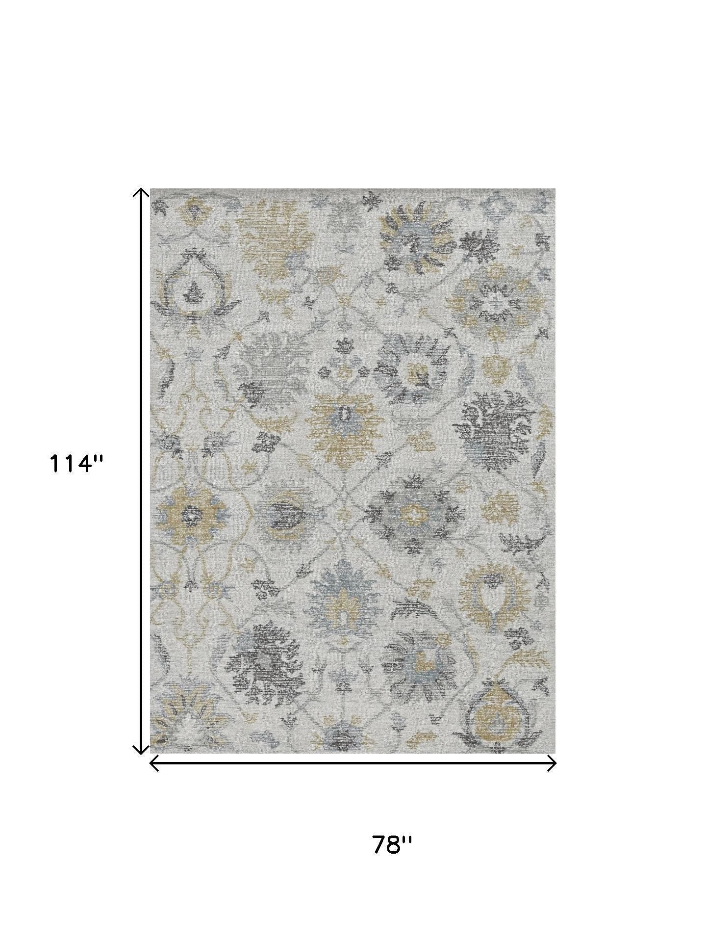 8' Ivory Gray And Green Wool Floral Hand Tufted Runner Rug-Area Rugs-DECOROLALA