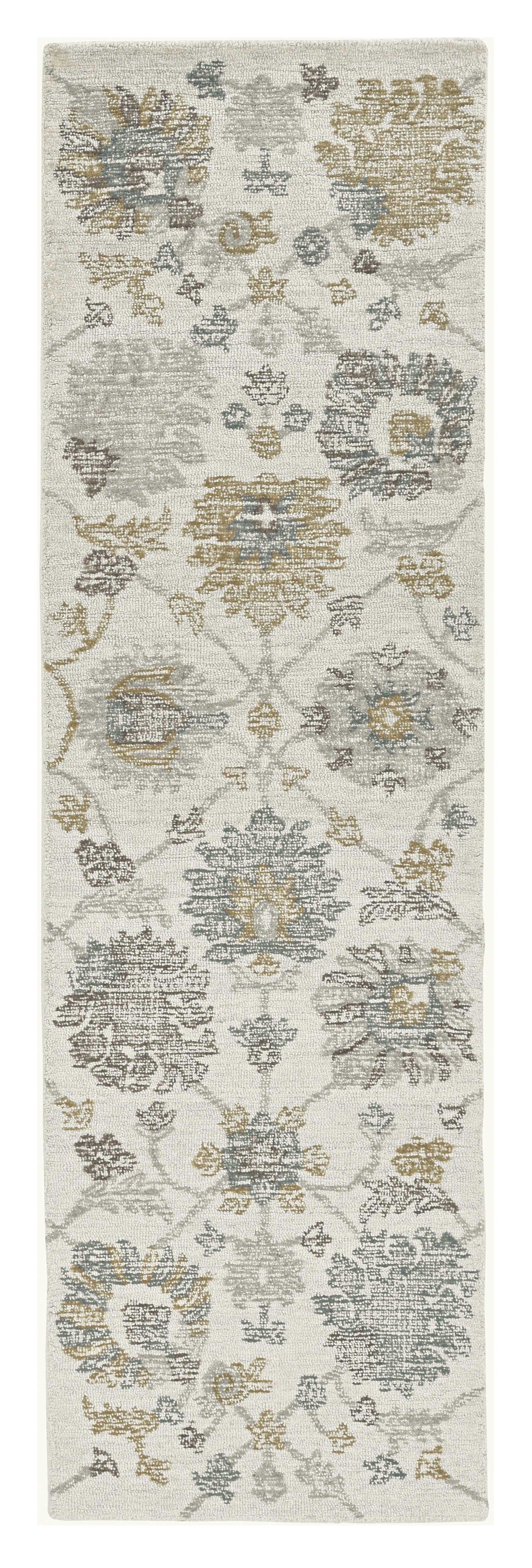 8' Ivory Gray And Green Wool Floral Hand Tufted Runner Rug-Area Rugs-DECOROLALA