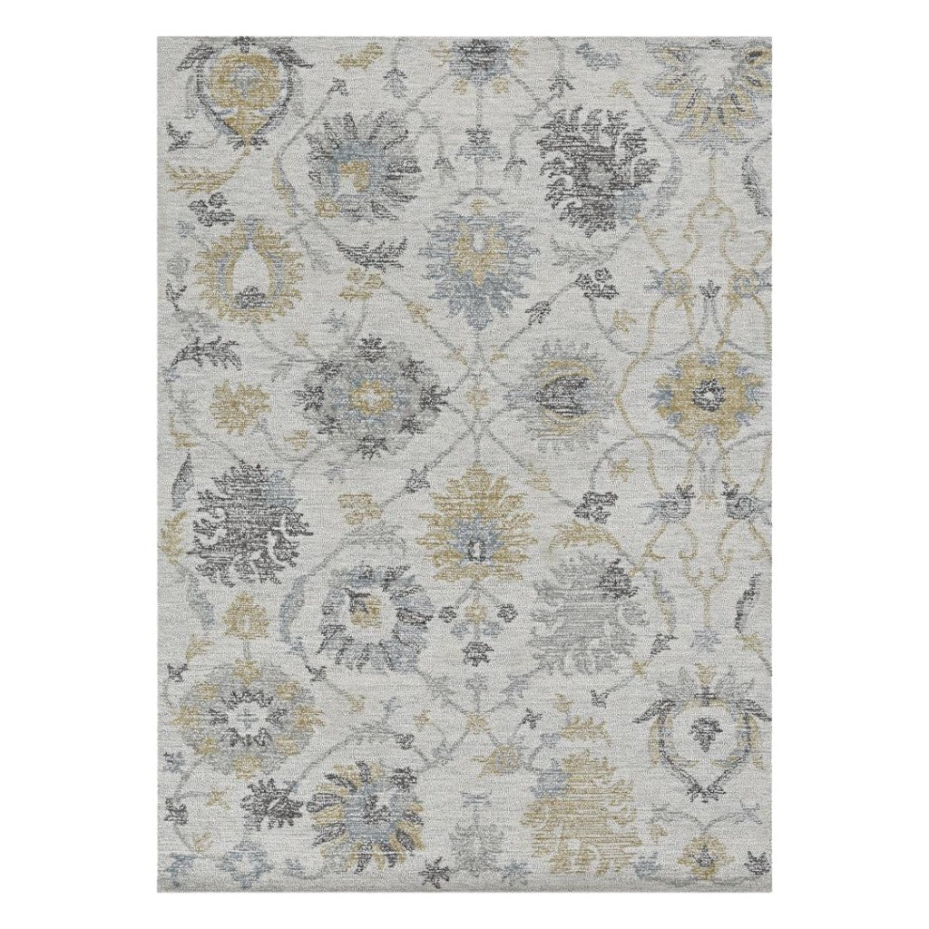 8' Ivory Gray And Green Wool Floral Hand Tufted Runner Rug-Area Rugs-DECOROLALA