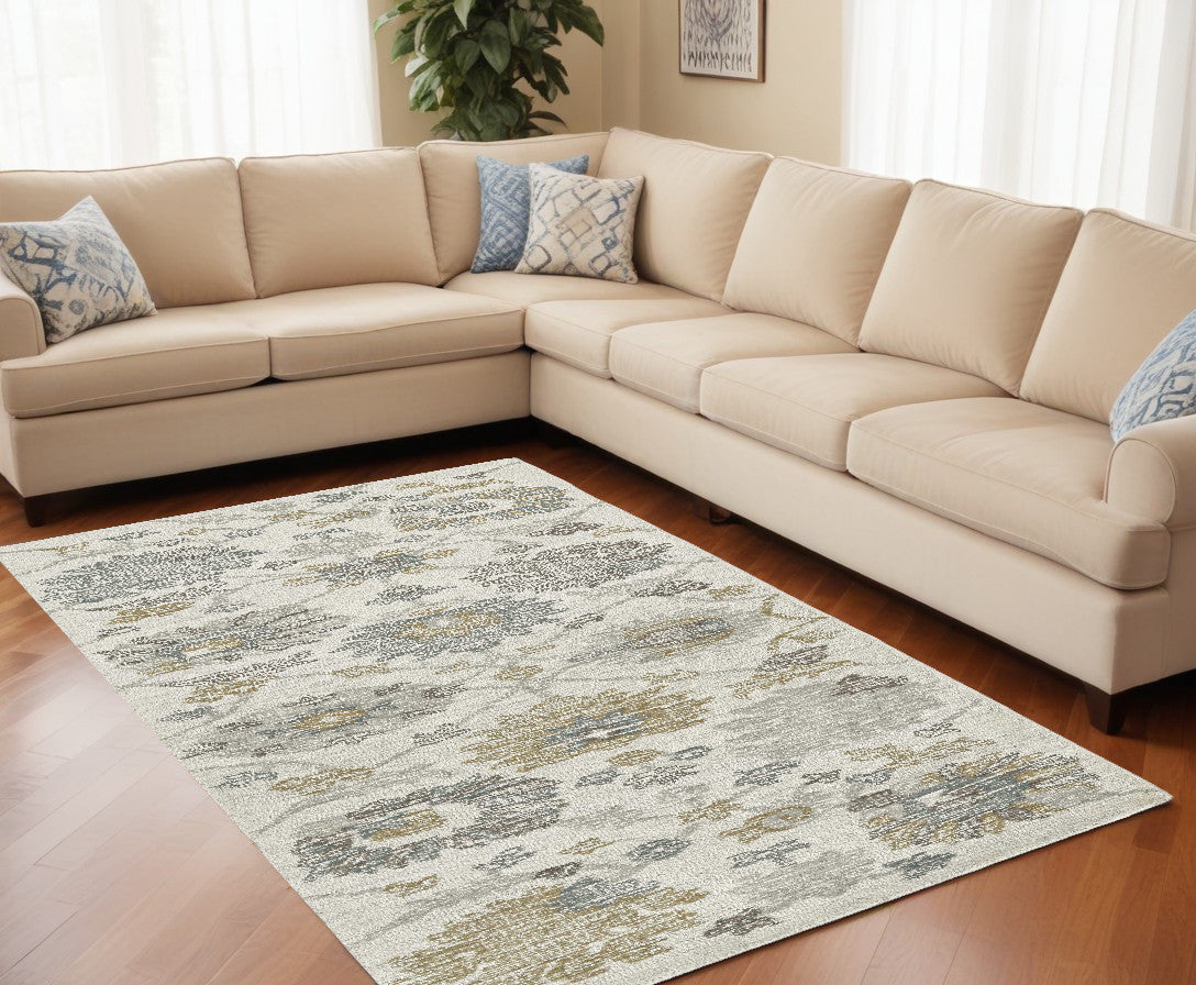 8' Ivory Gray And Green Wool Floral Hand Tufted Runner Rug-Area Rugs-DECOROLALA