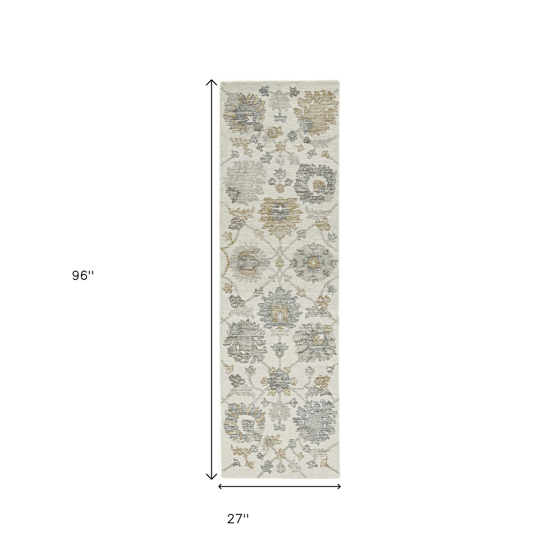 8' Ivory Gray And Green Wool Floral Hand Tufted Runner Rug-Area Rugs-DECOROLALA
