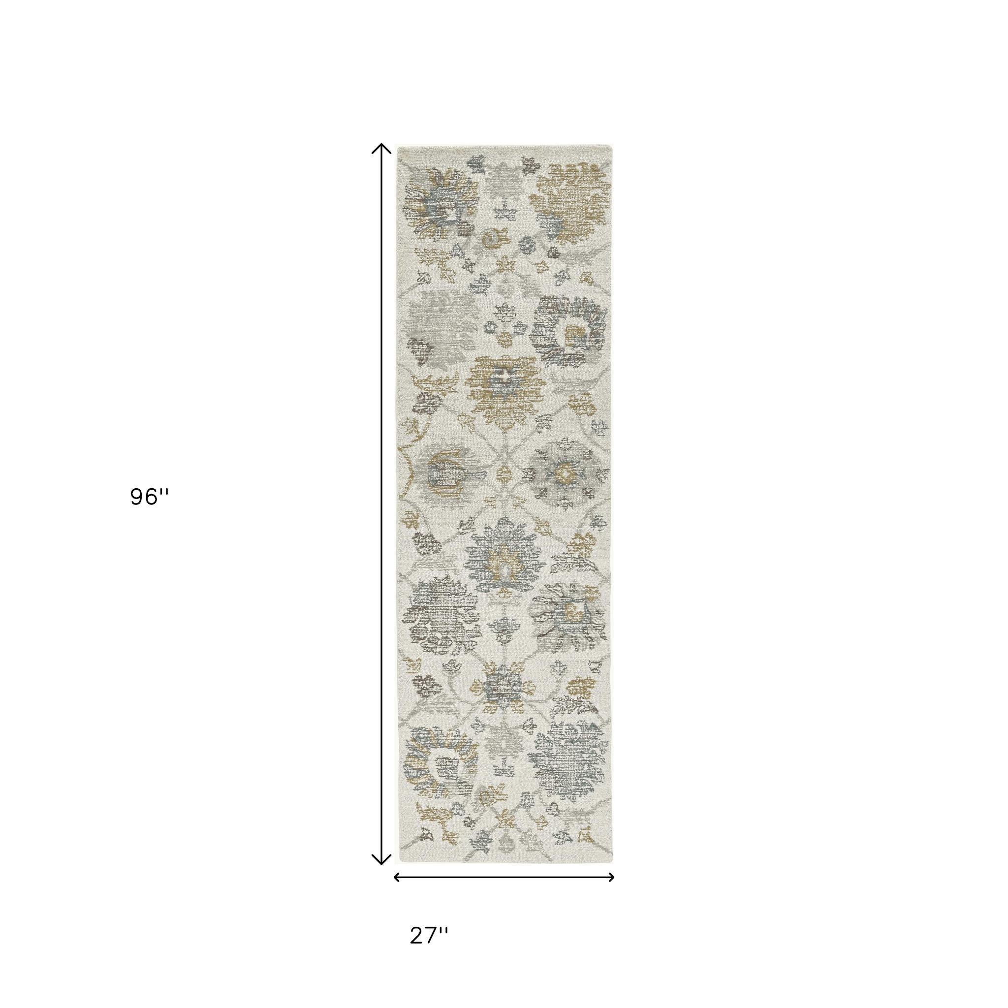 8' Ivory Gray And Green Wool Floral Hand Tufted Runner Rug-Area Rugs-DECOROLALA