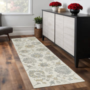 8' Ivory Gray And Green Wool Floral Hand Tufted Runner Rug-Area Rugs-DECOROLALA