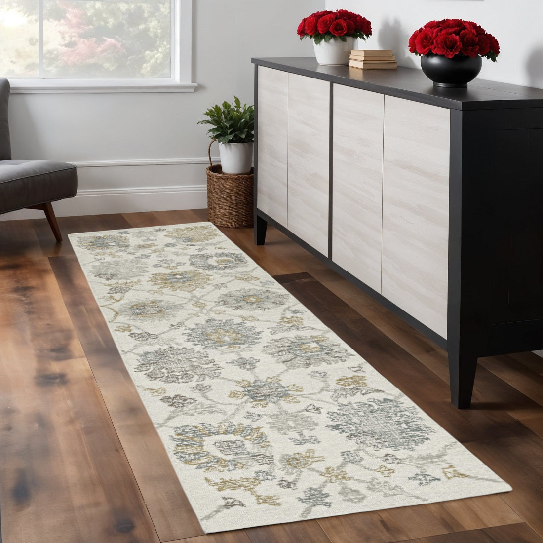 8' Ivory Gray And Green Wool Floral Hand Tufted Runner Rug-Area Rugs-DECOROLALA