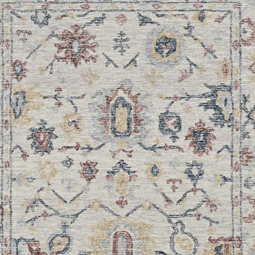 8' Ivory Gray And Red Wool Medallion Hand Tufted Runner Rug-Area Rugs-DECOROLALA