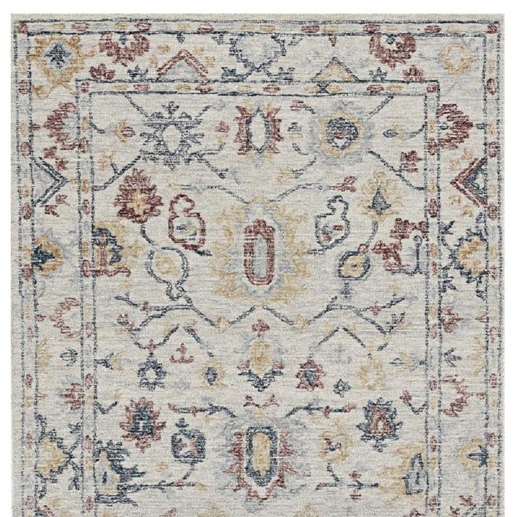 8' Ivory Gray And Red Wool Medallion Hand Tufted Runner Rug-Area Rugs-DECOROLALA