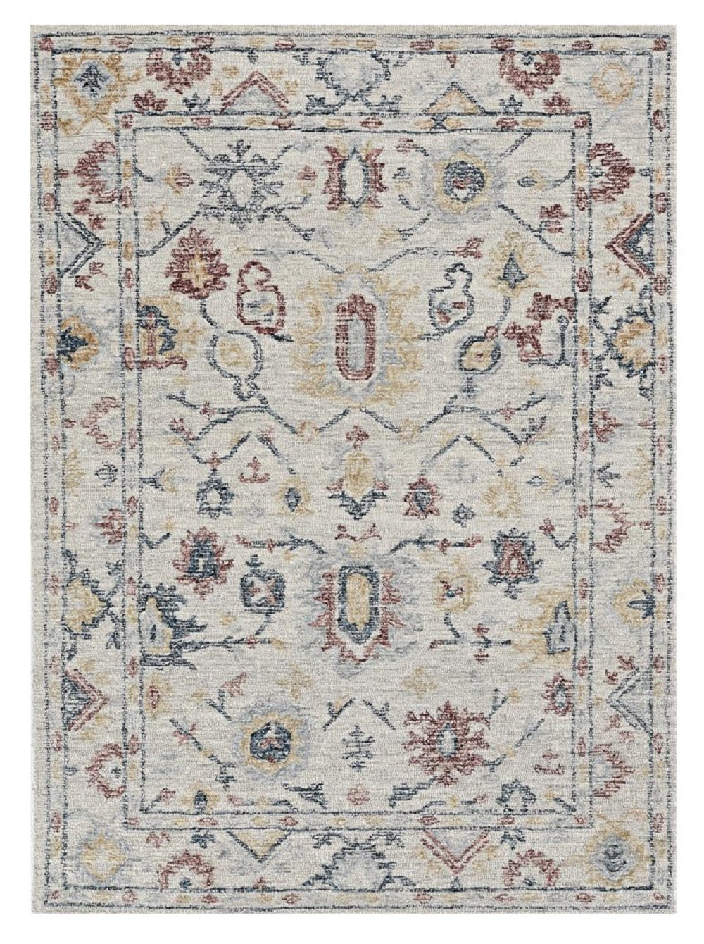 8' Ivory Gray And Red Wool Medallion Hand Tufted Runner Rug-Area Rugs-DECOROLALA