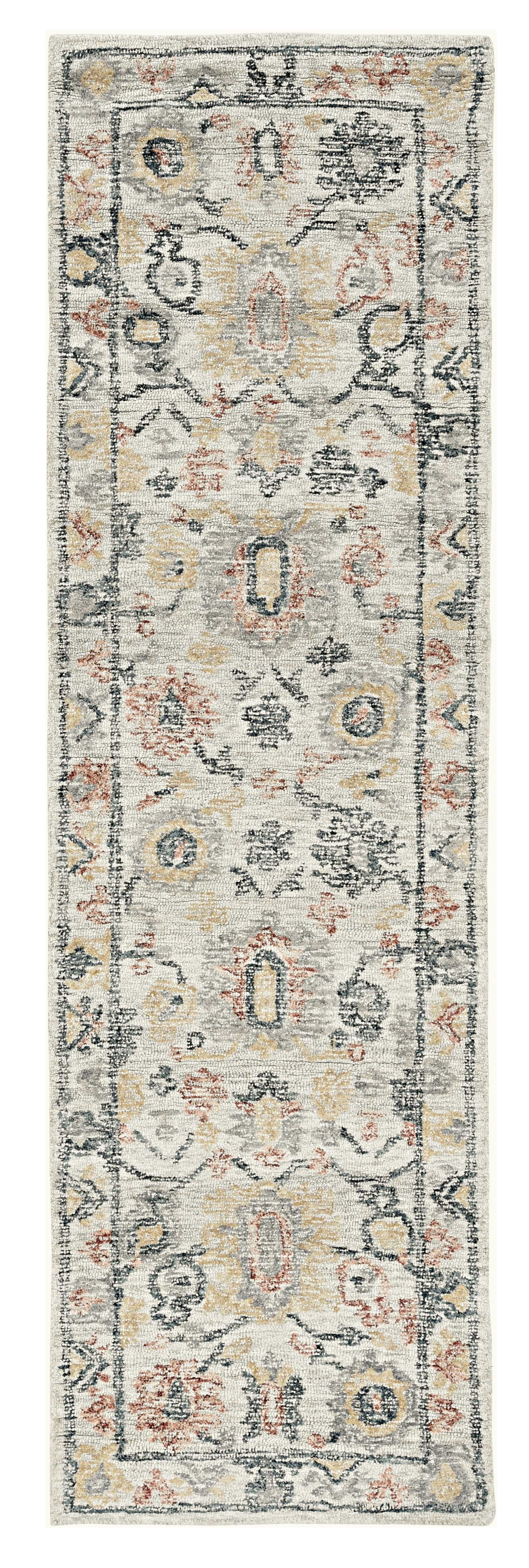 8' Ivory Gray And Red Wool Medallion Hand Tufted Runner Rug-Area Rugs-DECOROLALA
